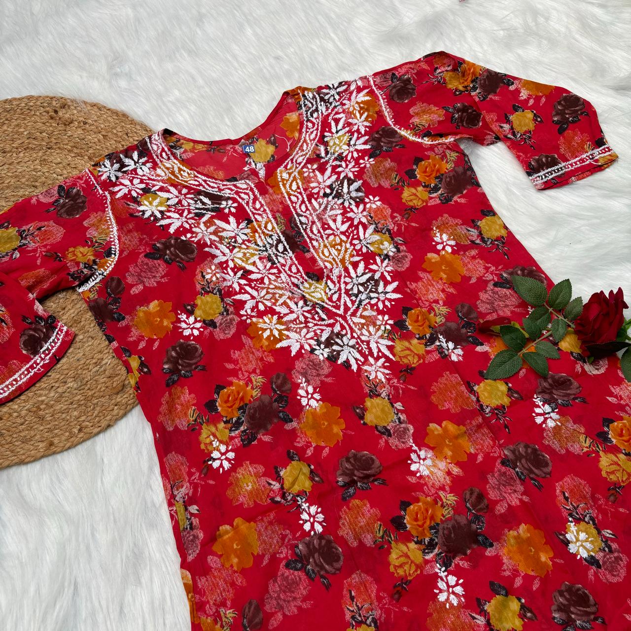 Plus size special-Dhanashree Inspired Mulmul Floral Printed Chikankari Handwork Kurti -Red Colour - Chikankaar