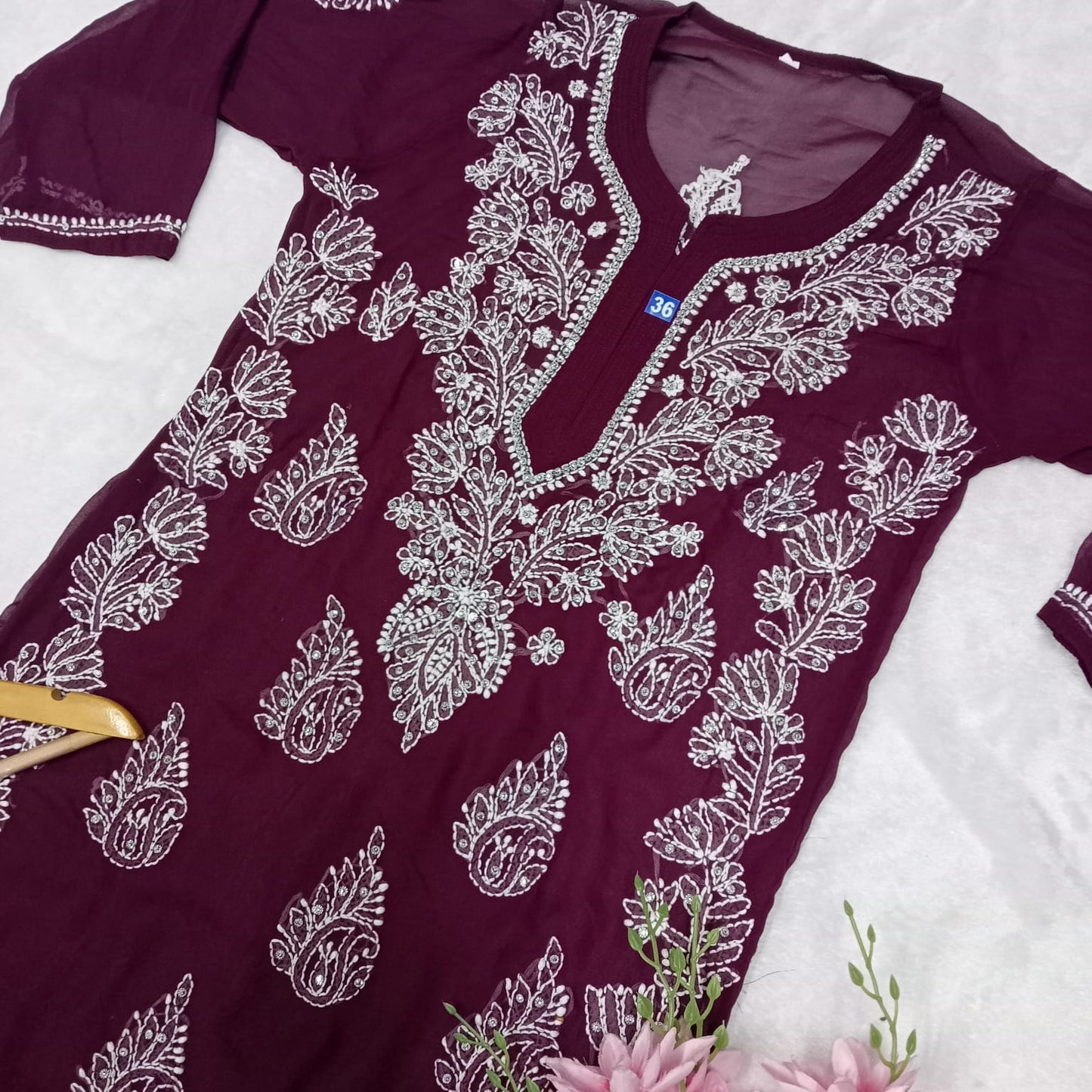 Stone Work Georgette Chikankari Kurti -Wine Colour - Chikankaar