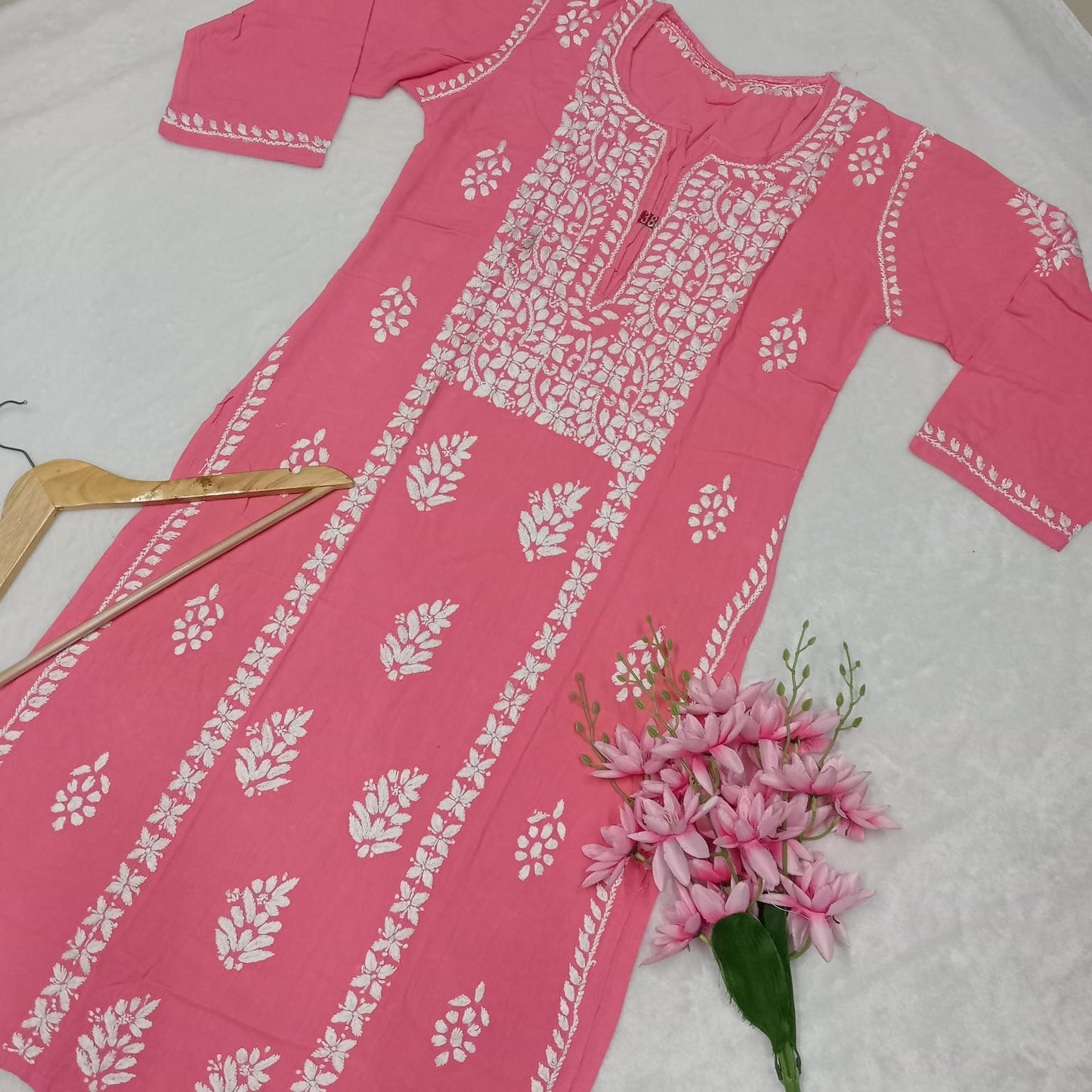 Soft Rayon Heavy Chikankari Panel Work Kurti -Gazri Colour - Chikankaar