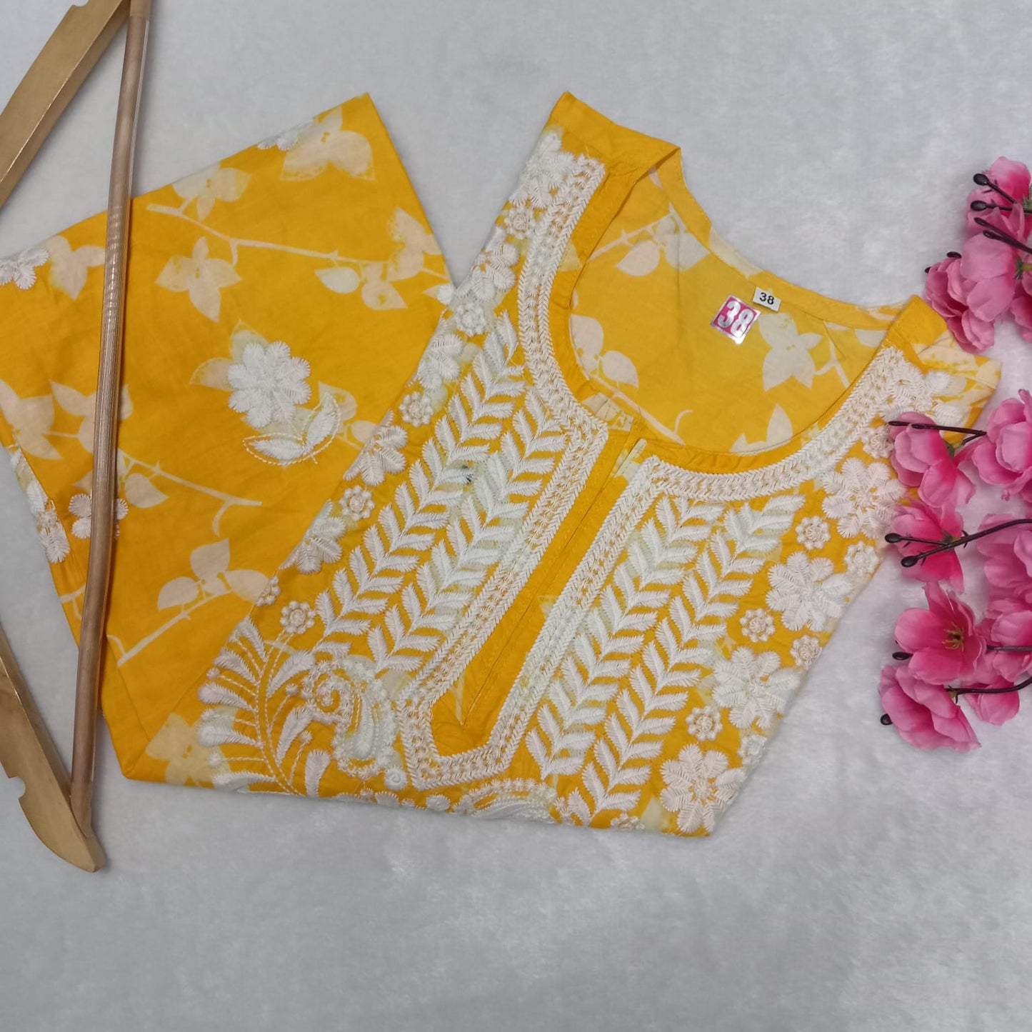 Mulmul Cotton Chikankari Machine Work Kurti - Yellow Colour - Chikankaar