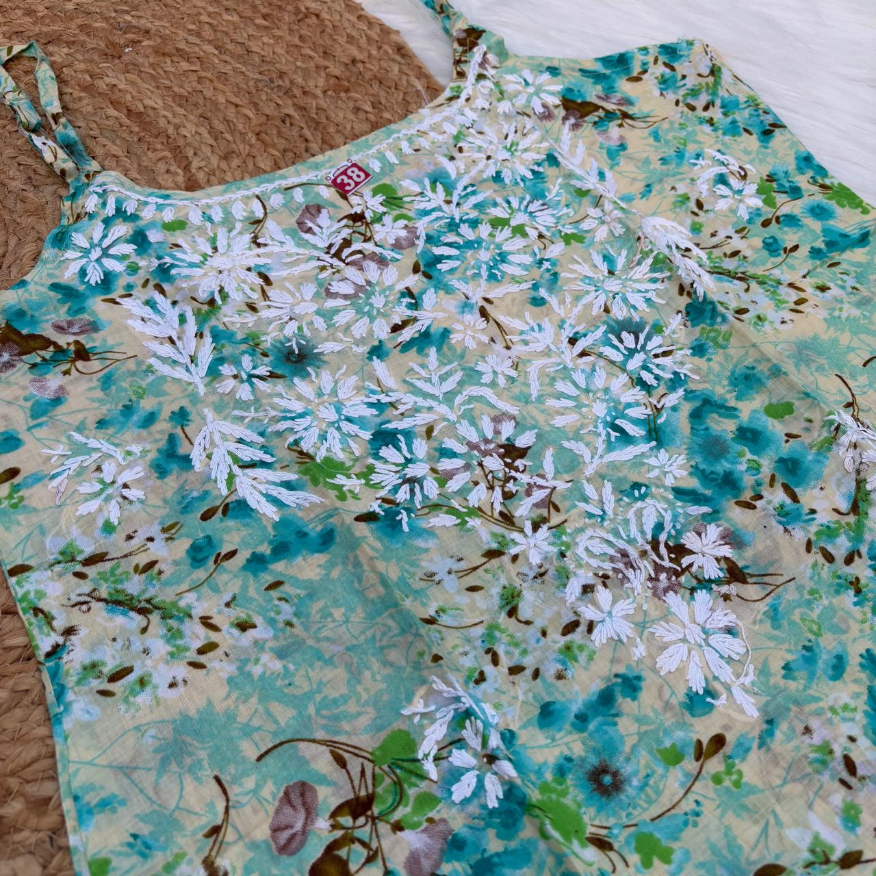 Hana Mulmul Chikankari Noodle Strap Short Kurti -Sea green colour (Length - 38")