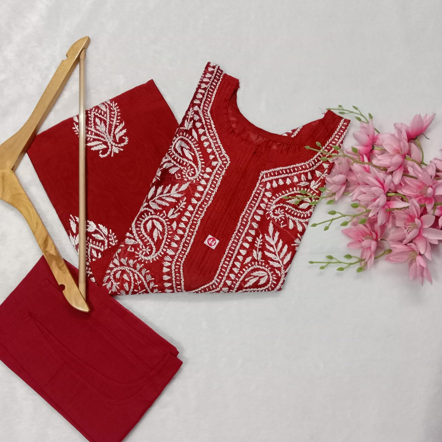 Soft Chanderi Silk Chikankari Kurti With Inner - Red Color - Chikankaar