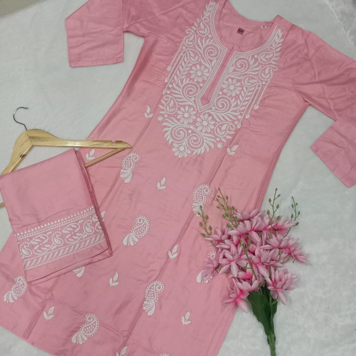 Rayon Chikankari Machine Work Kurti Plazo Set- Pink Colour - Chikankaar