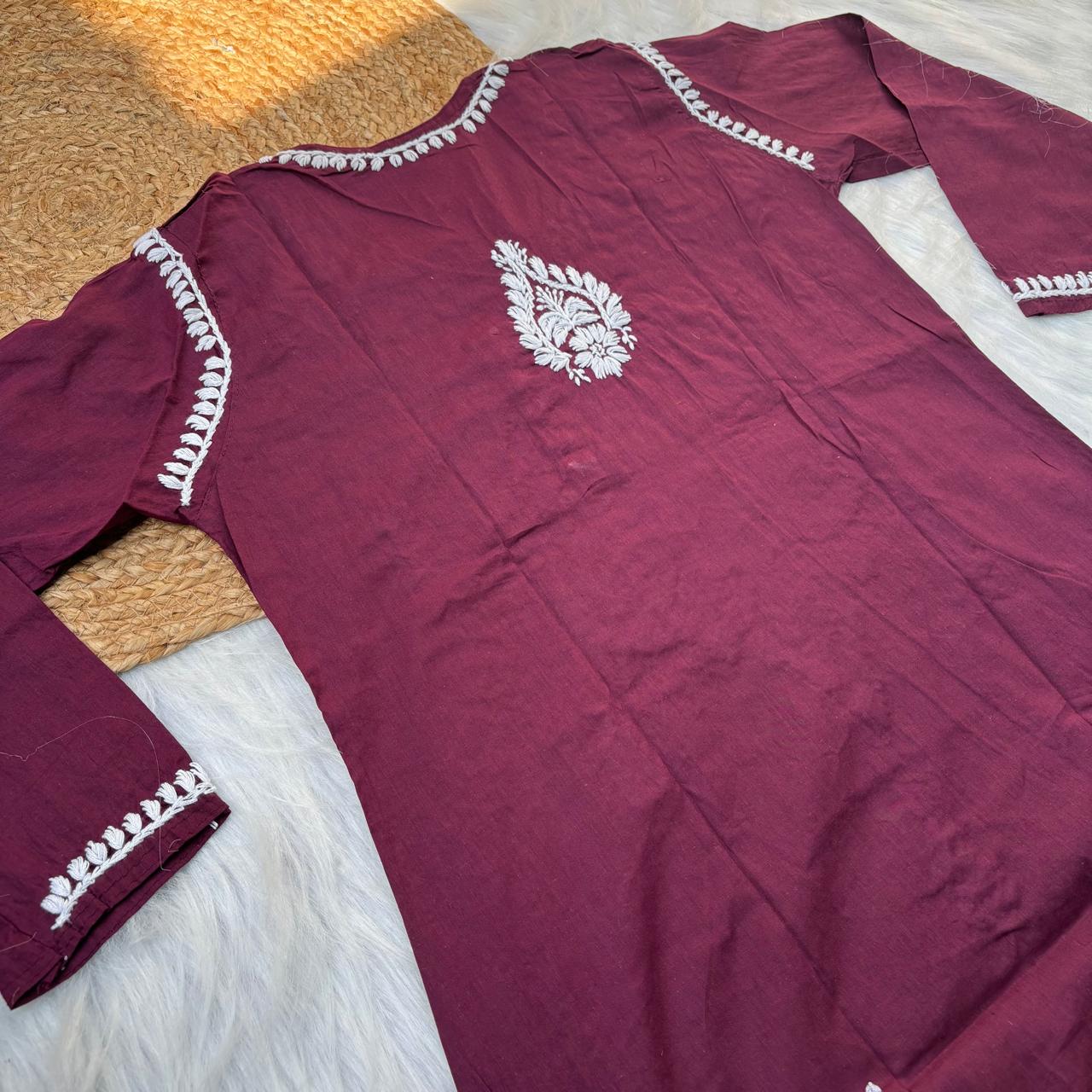 Sabeena Pure Cotton Chikankari Kurti Wine Colour