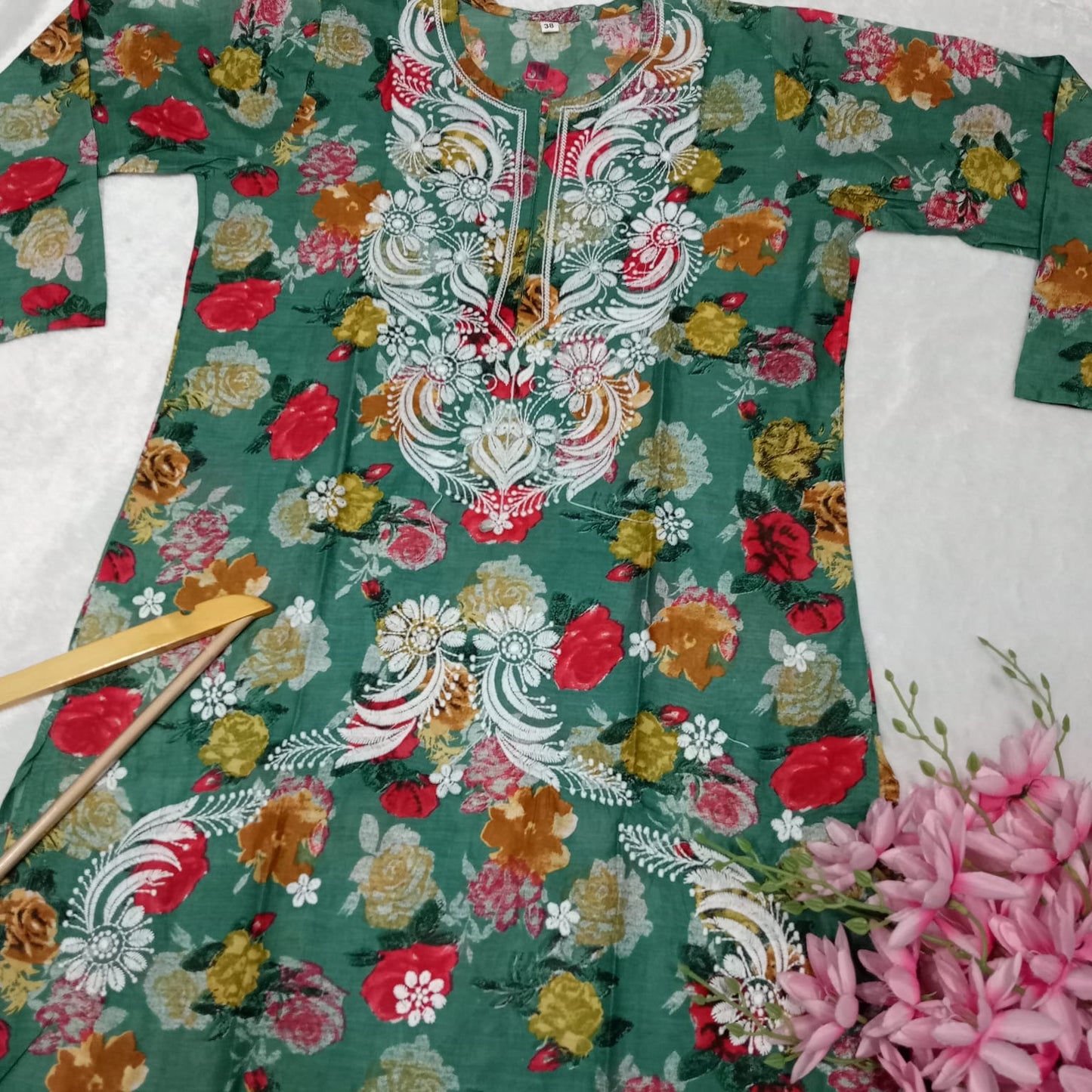 Mulmul Cotton Floral Print Chikankari Machine Work Kurti -Dark Green Colour - Chikankaar