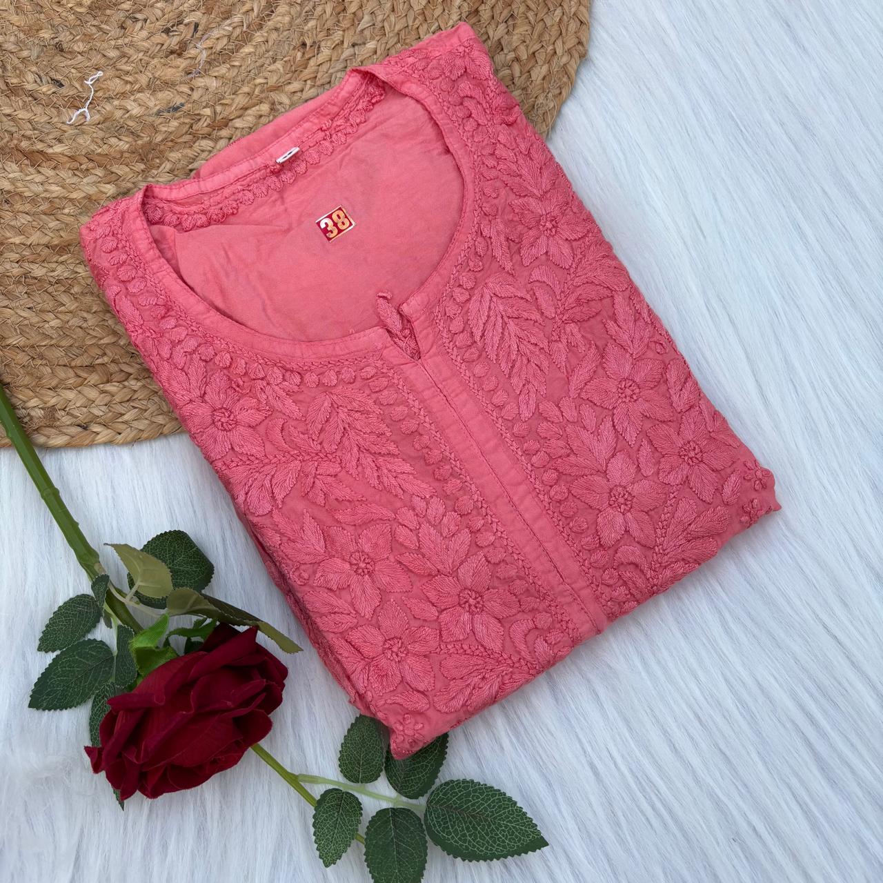 Zooni Chanderi Lucknowi Chikankari Dyed Kurti- Gazri colour