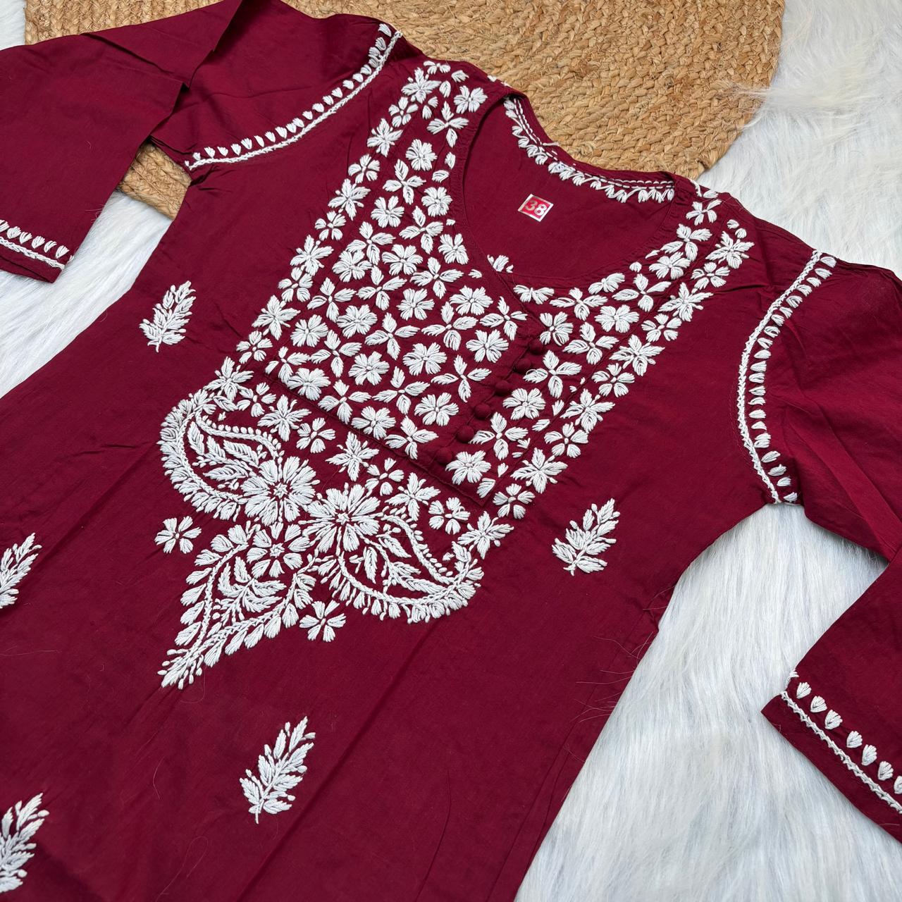 Sabeena Pure Cotton Chikankari Kurti Maroon Colour