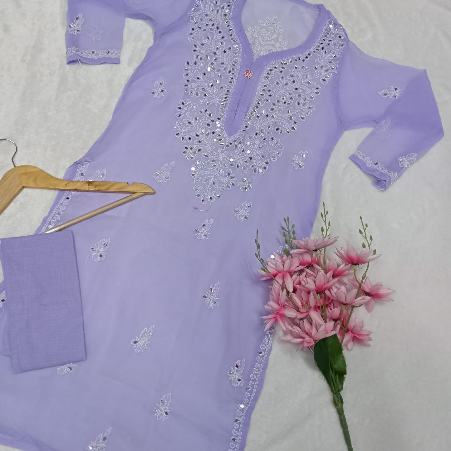 Georgette Mirror Work Chikankari Kurti With Inner -Purple Colour - Chikankaar