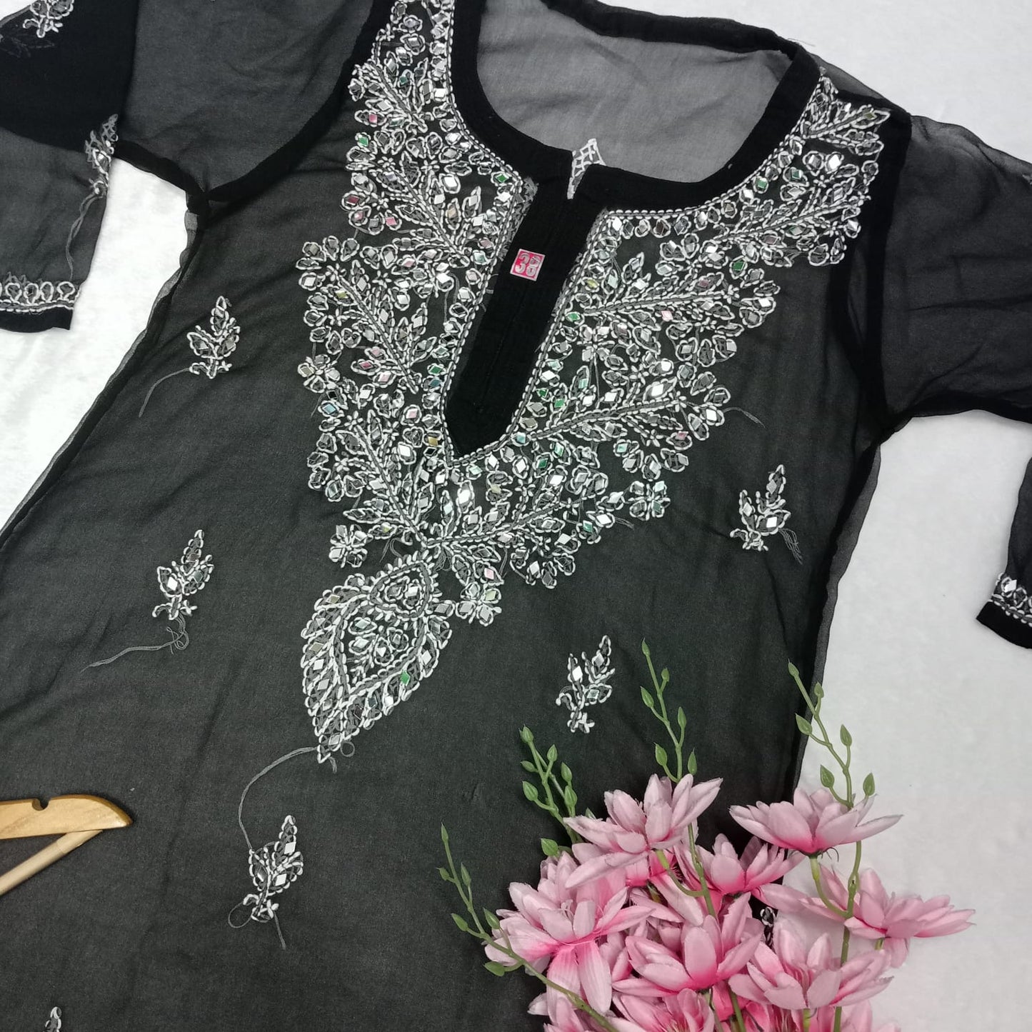 Georgette Mirror Work Chikankari Kurti With Inner - Black Colour - Chikankaar