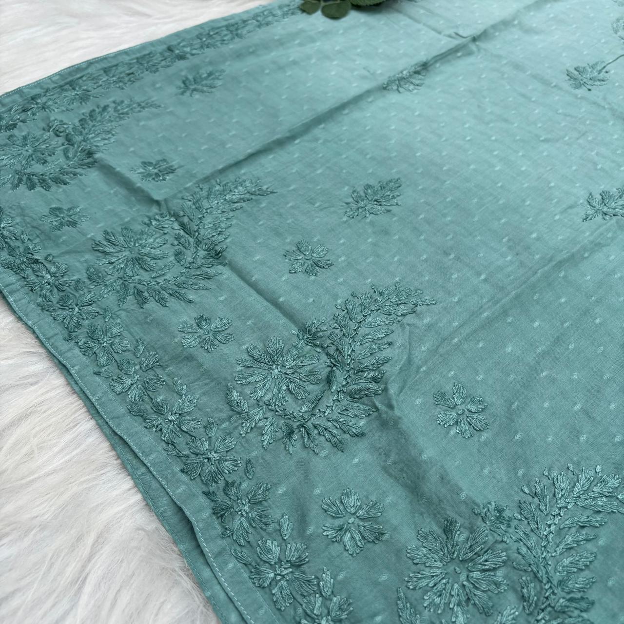 Farah Ombre Shaded Dobby Cotton Chikankari Kurti - Pista green colour