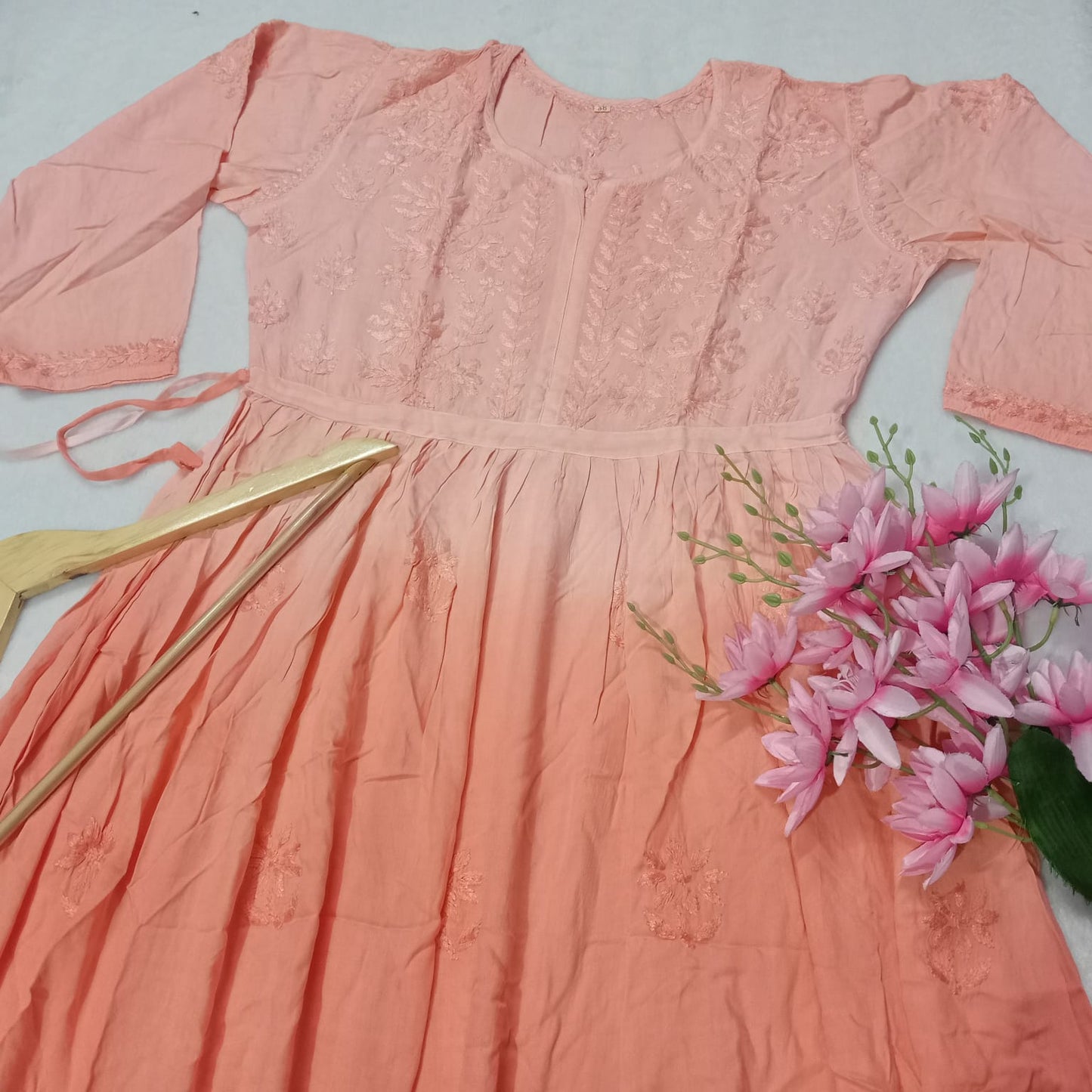 Pure Modal Dual Shaded Chikankari Gown With Dori -Peach Colour - Chikankaar