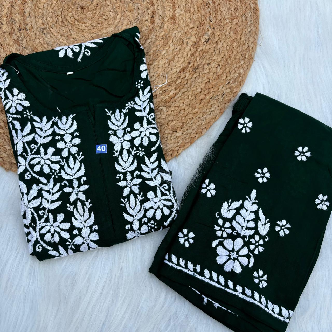 Jannat Soft Rayon Chikankari Kurti Plazo Set - Dark Green colour - Chikankaar