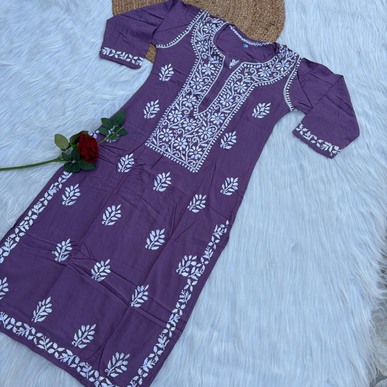 Soft Rayon Chikankari Kurti - Wine Colour
