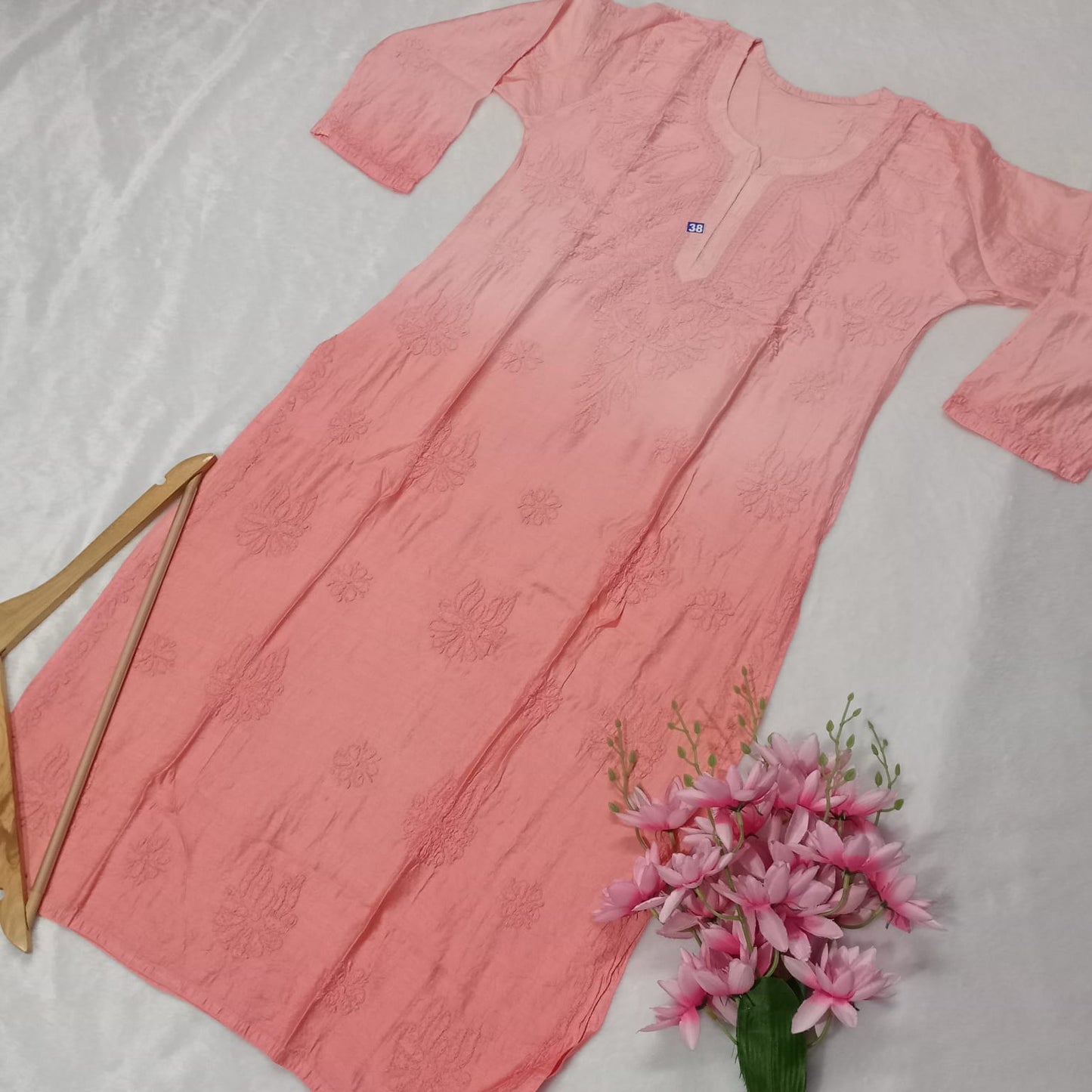 SOFT CHANDERI DUAL SHADED CHIKANKARI KURTI - PEACH COLOR - Chikankaar