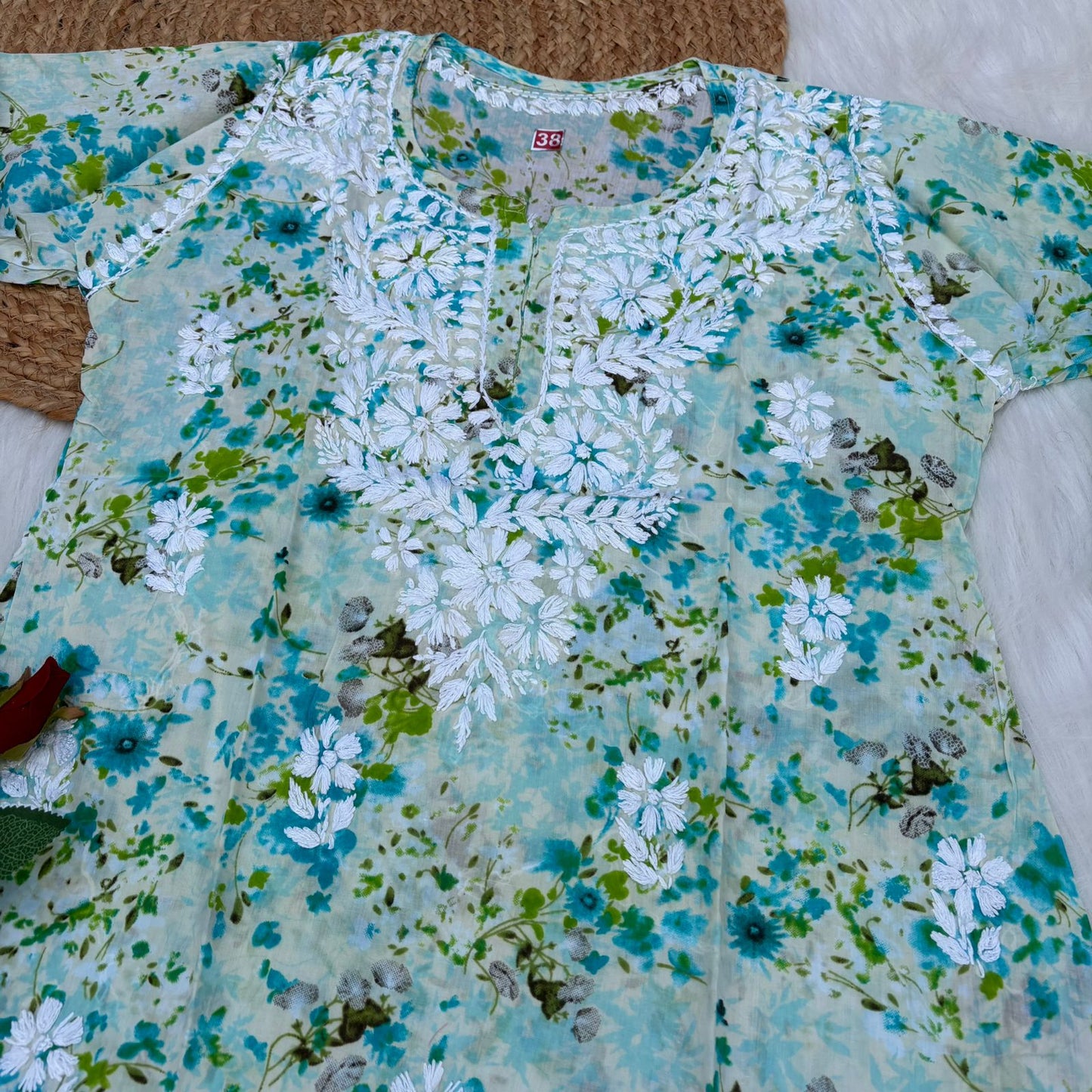 Nura Pure Mulmul Cotton Short Kurti - Sea Green Colour - Chikankaar