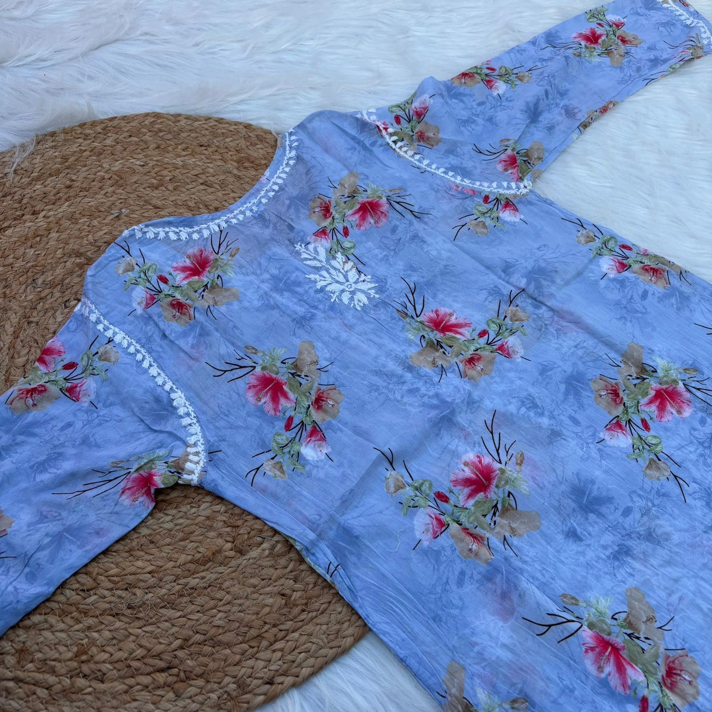Rasha Pure Mulmul Chikankari Kurti - Blue Color