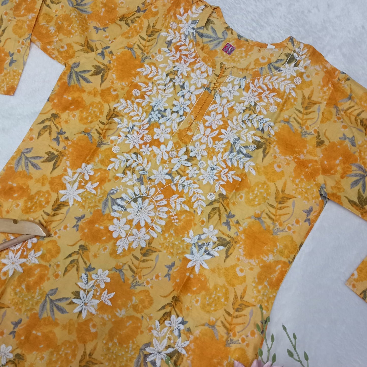 MULMUL COTTON CHIKANKARI MACHINE WORK KURTI - YELLOW COLOUR - Chikankaar