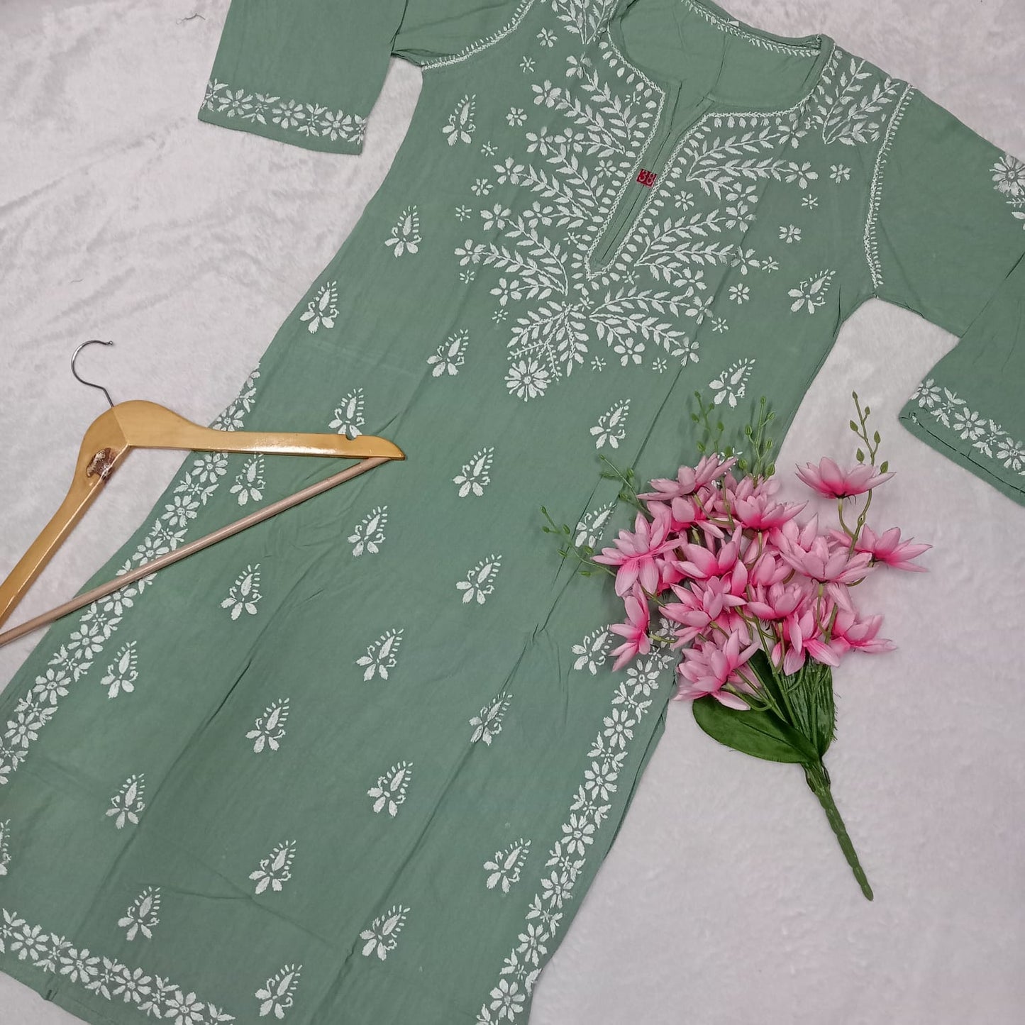 Soft Rayon Chikankari Ghaspatti Work Kurti -Pista Colour - Chikankaar
