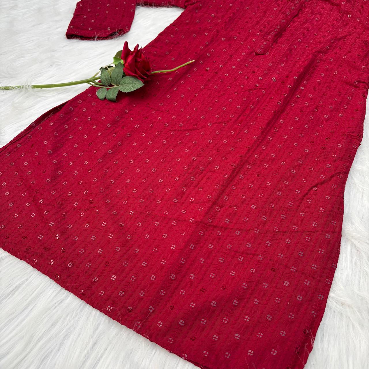 Ayaan Mens Cotton Chikankari Kurta - Maroon colour