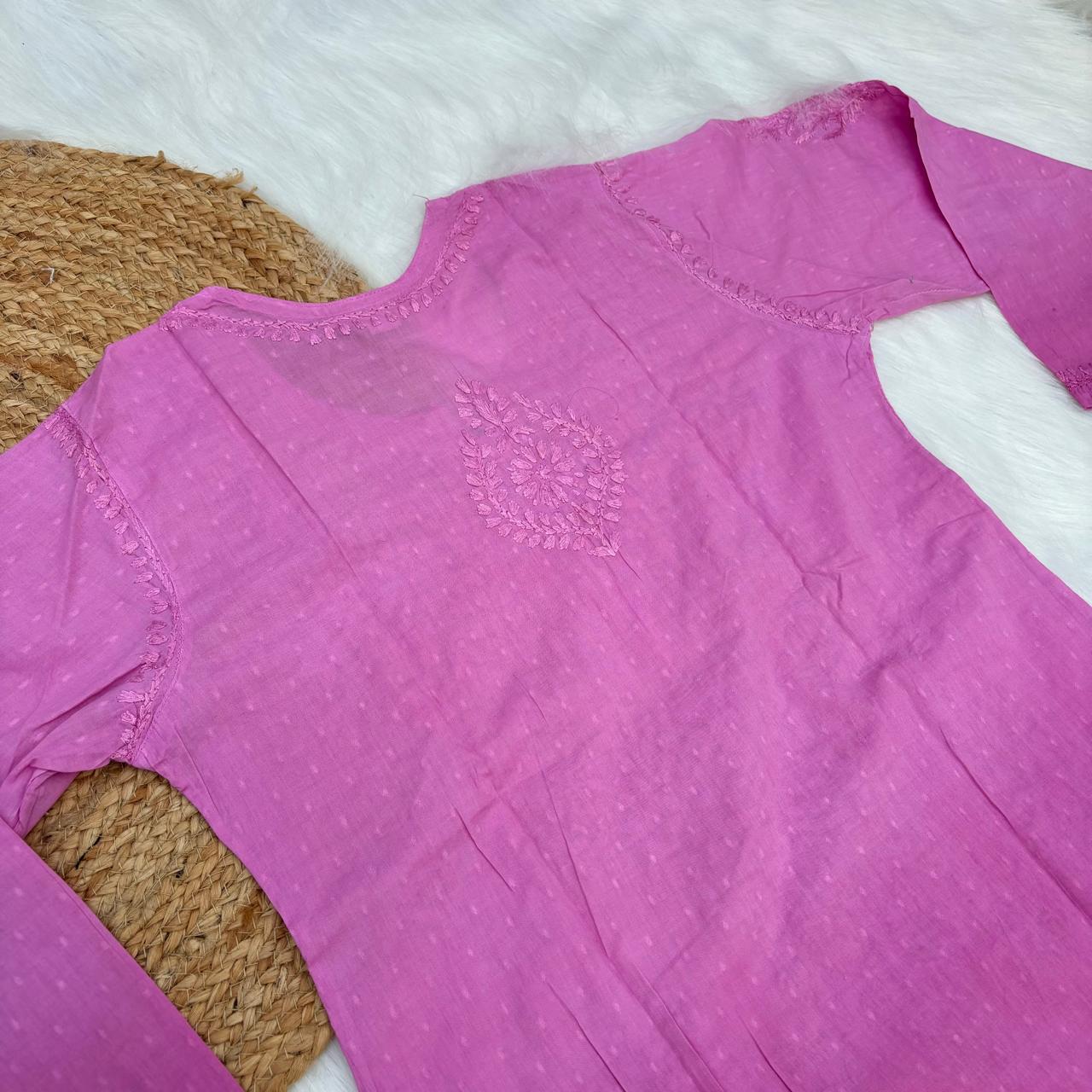 Tuba Ombre Shaded Dobby Cotton Chikankari Kurti - Fuchsia Colour - Chikankaar