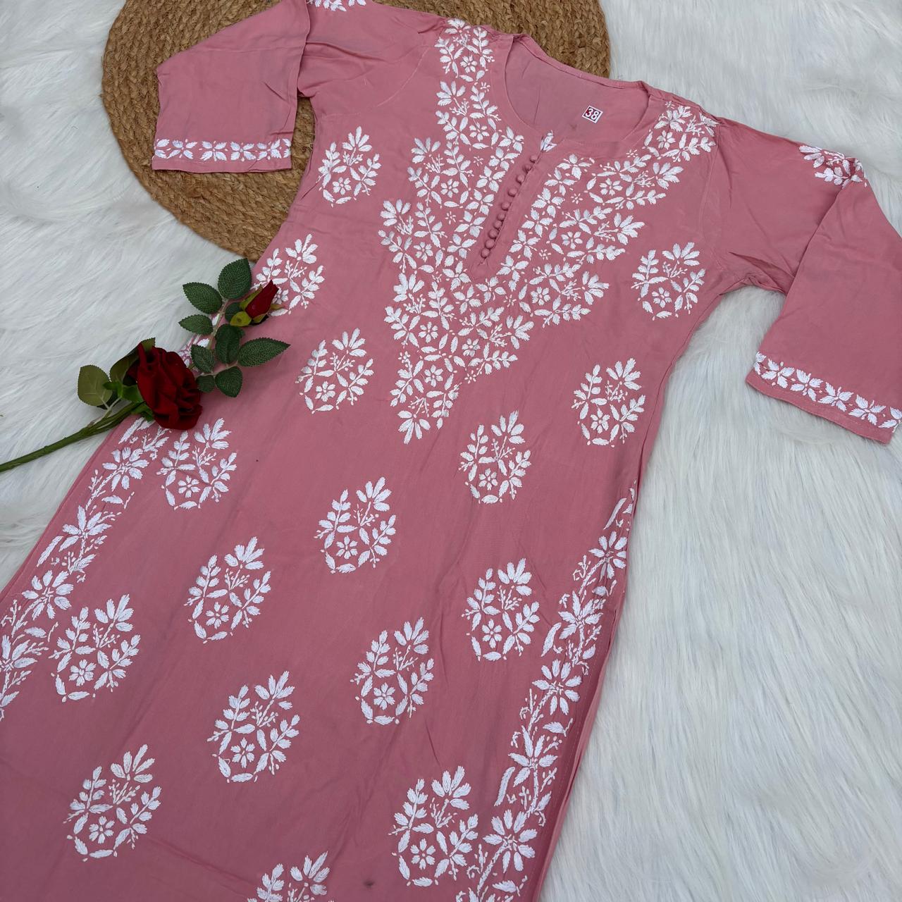 Ameena Soft Rayon Chikankari Kurti - Peach Colour