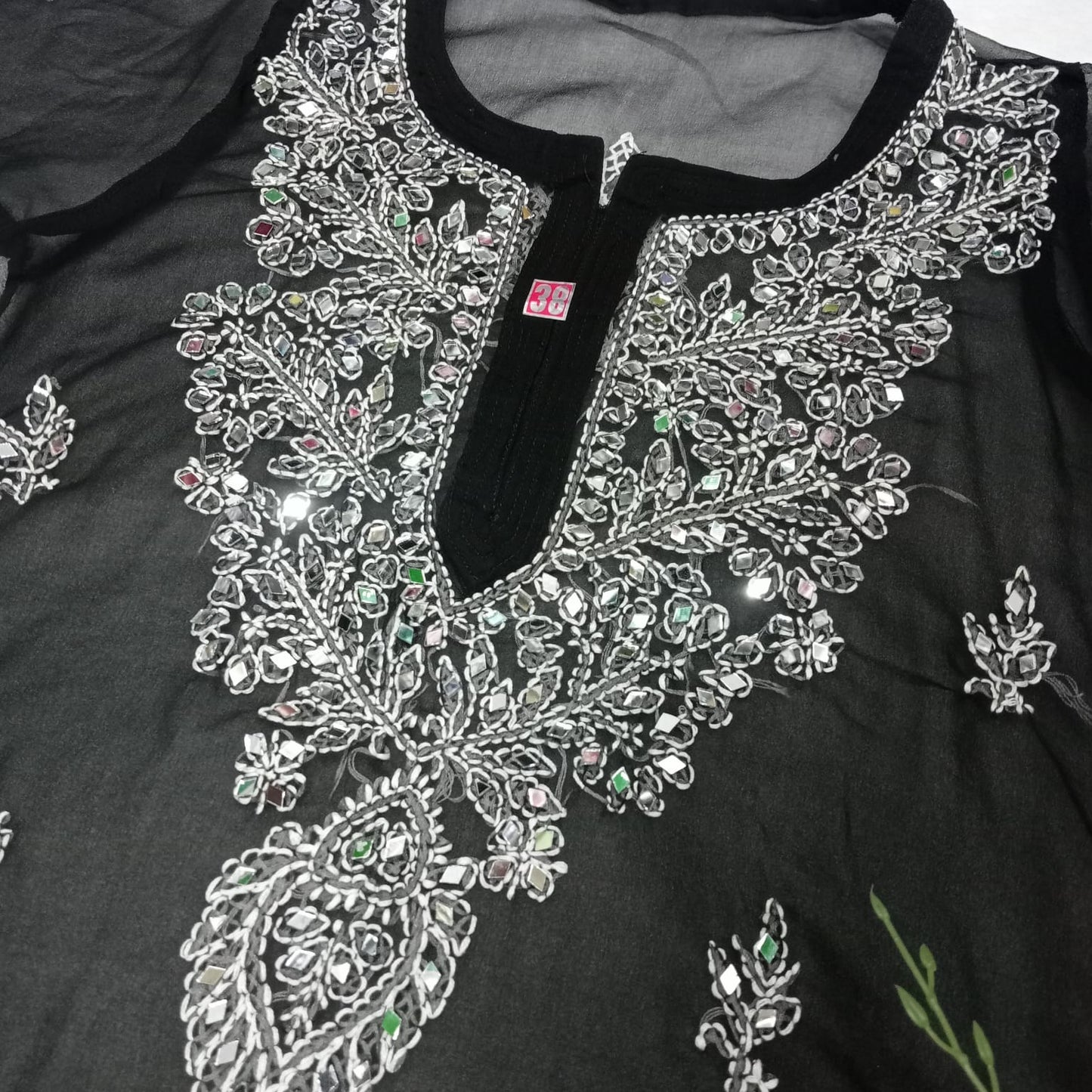 Georgette Mirror Work Chikankari Kurti With Inner - Black Colour - Chikankaar