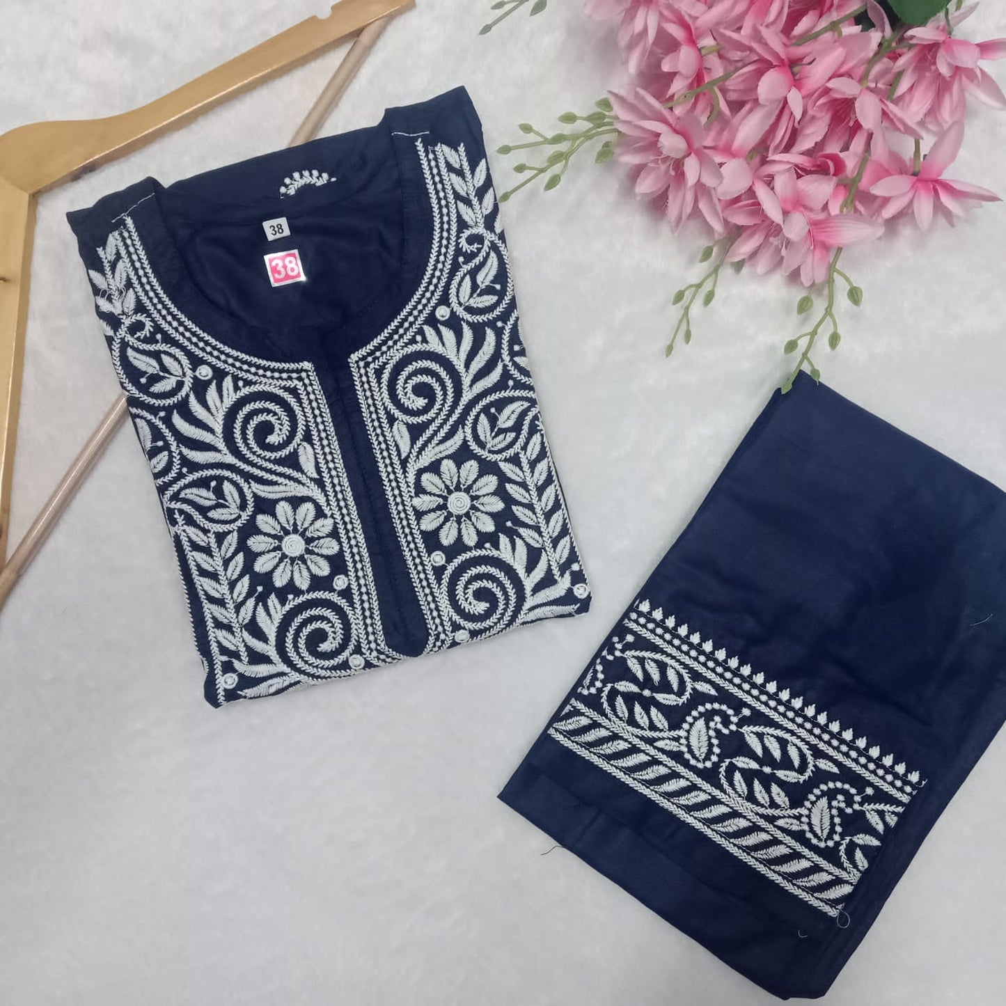 Rayon Chikankari Machine Work Kurti Plazo Set- Dark Navy Blue Colour - Chikankaar