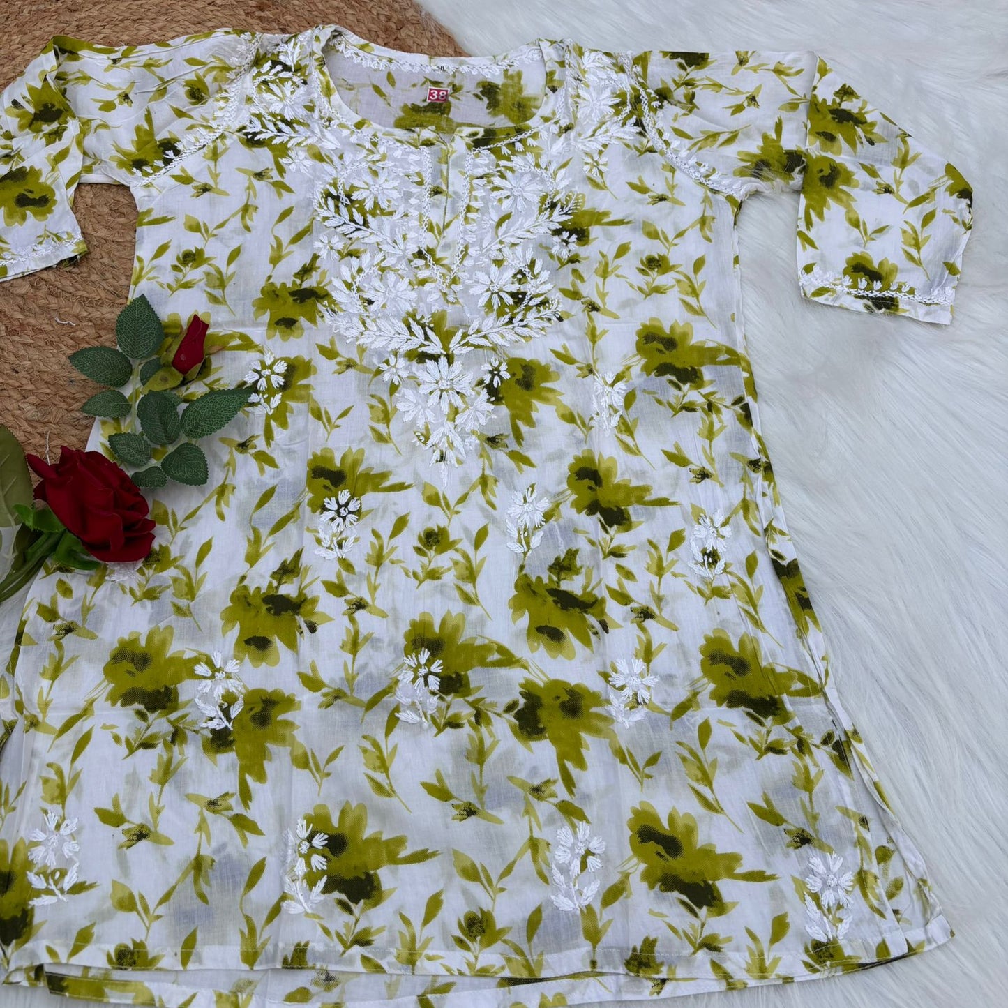 Asma Pure Mulmul Cotton Short Kurti - Green Colour - Chikankaar