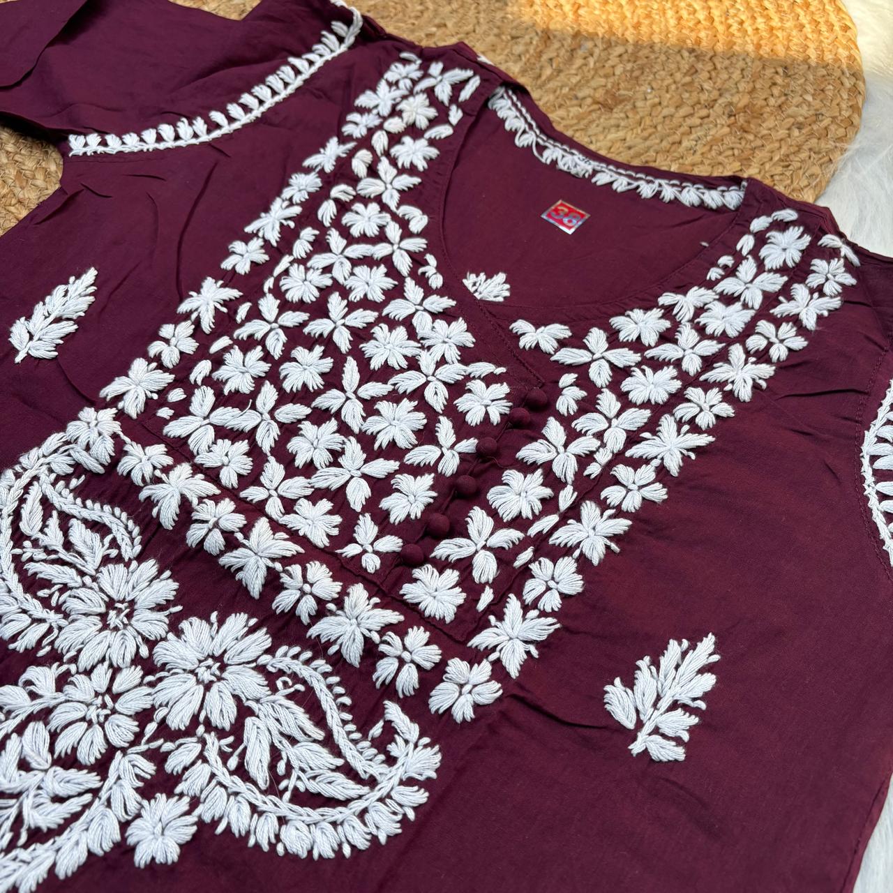 Sabeena Pure Cotton Chikankari Kurti Wine Colour