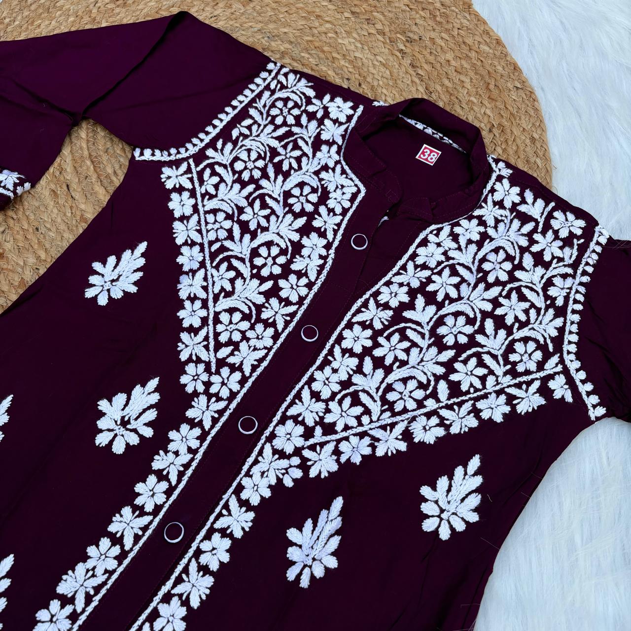 Rihana Rayon Chikankari Short Kurti Plazo Coord Set - Wine colour - Chikankaar