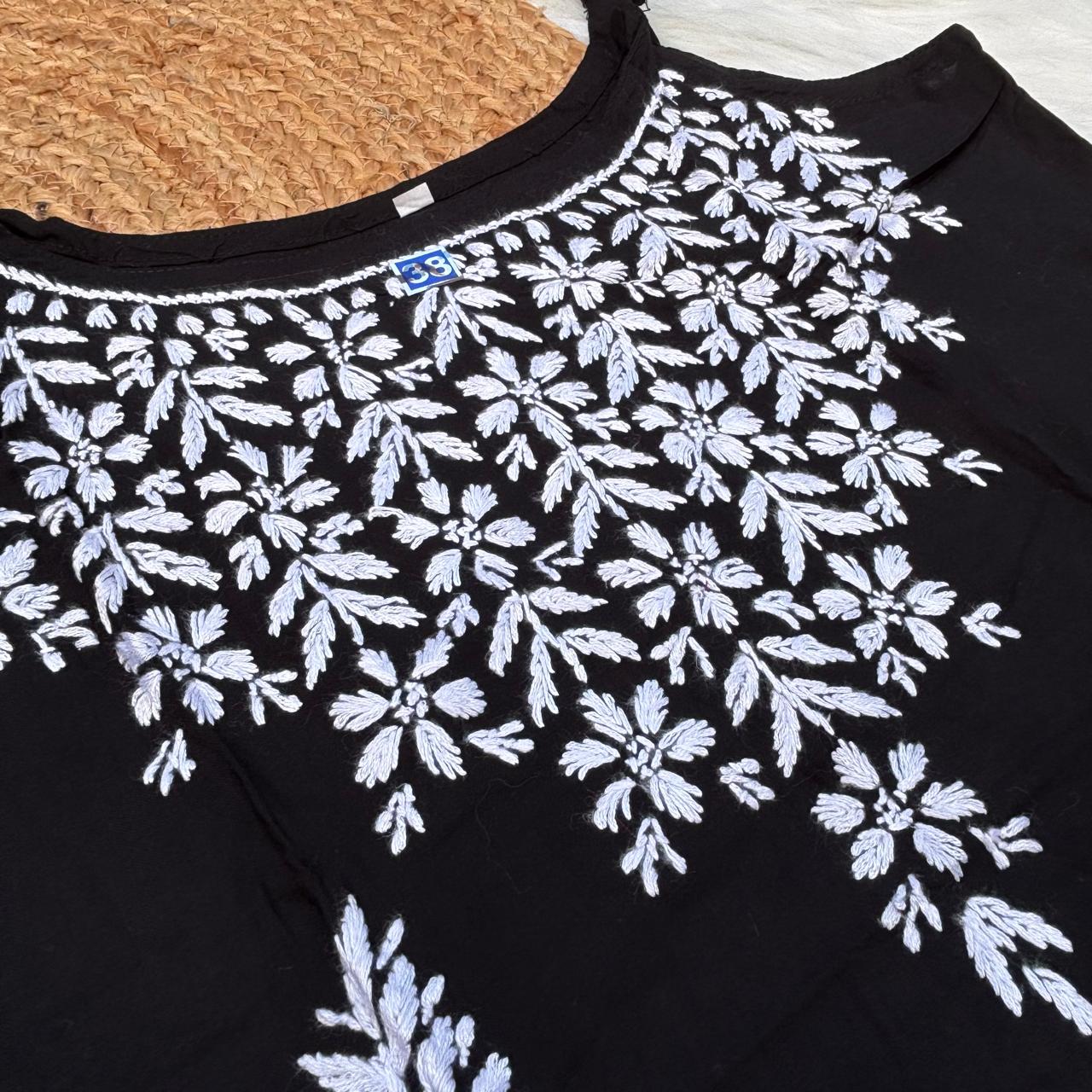 Safa Rayon Chikankari Noodle Strap Short Kurti -Black colour (Length - 38")