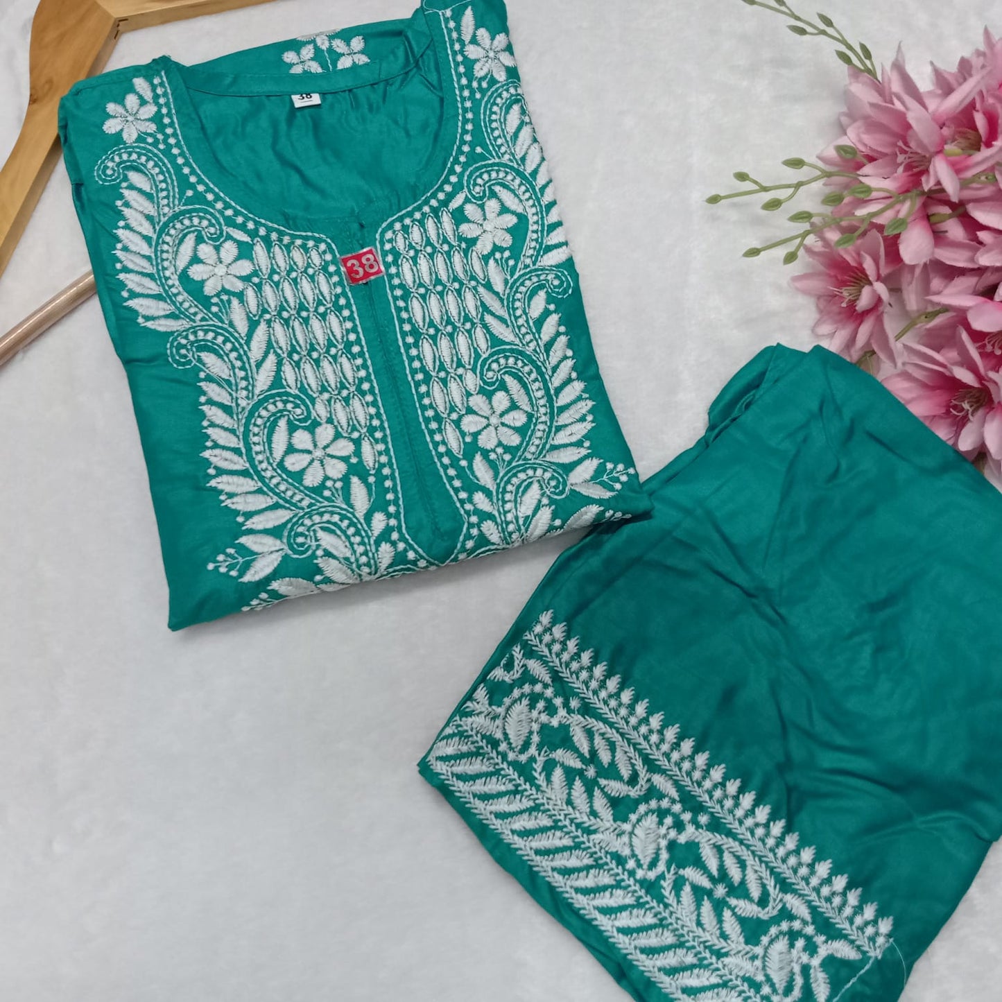 Rayon Chikankari Machine Work Kurti Plazo Set- Sea Green Colour - Chikankaar