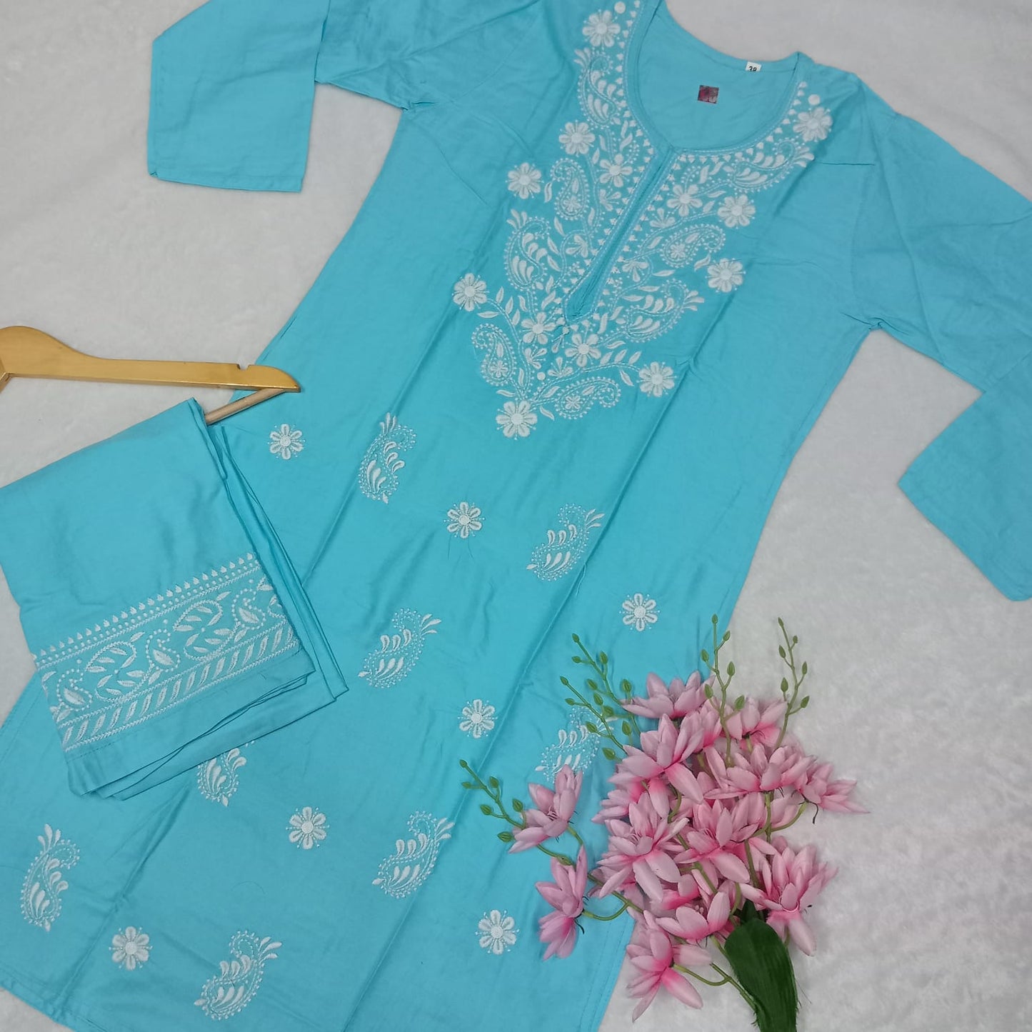 RAYON CHIKANKARI MACHINE WORK KURTI PLAZO SET-SKY BLUE COLOUR - Chikankaar