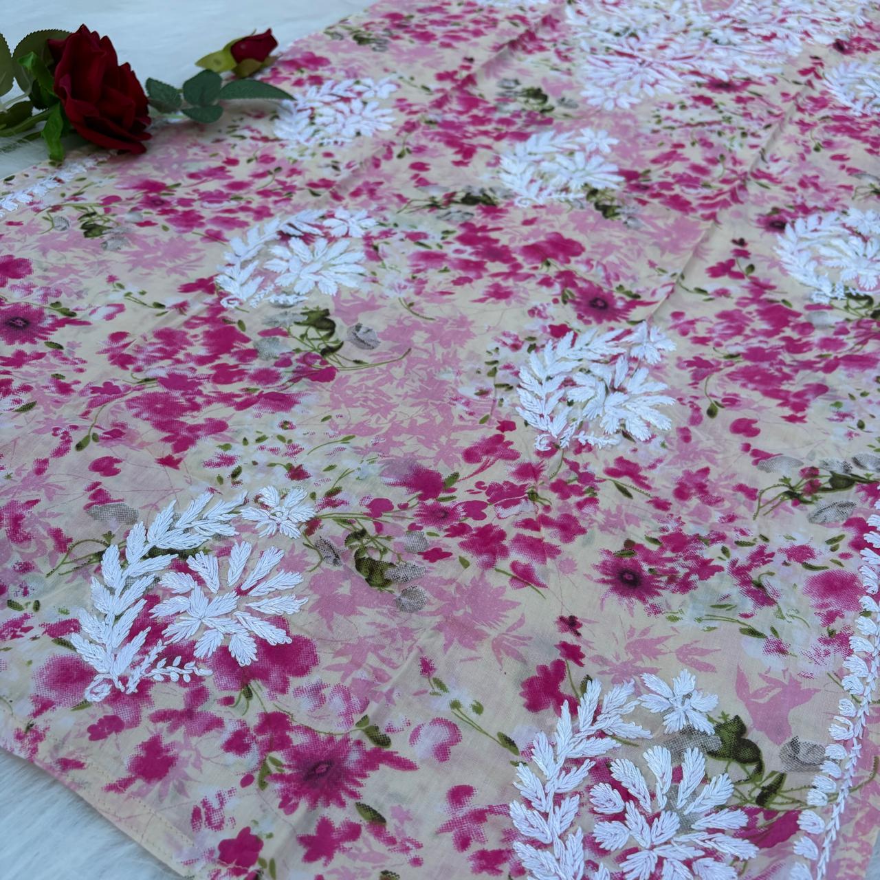Fatima Pure Mulmul Chikankari Handwork Kurti - Pink Colour - Chikankaar