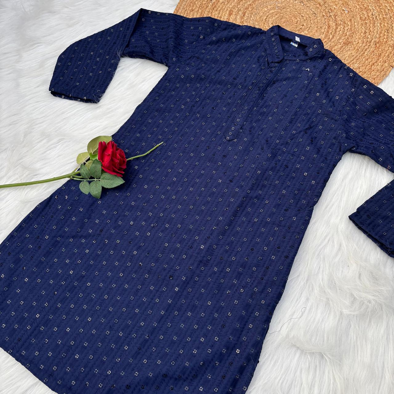 Ayaan Mens Cotton Chikankari Kurta - Blue colour