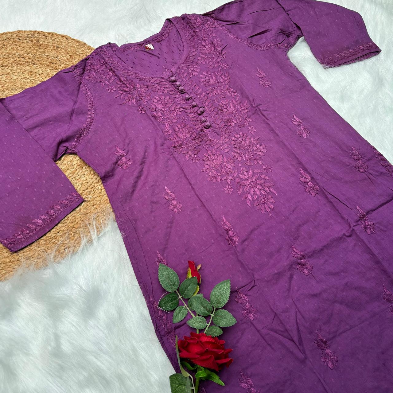 Adaah Ombre Shaded Dobby Cotton Chikankari Kurti - Wine - Chikankaar