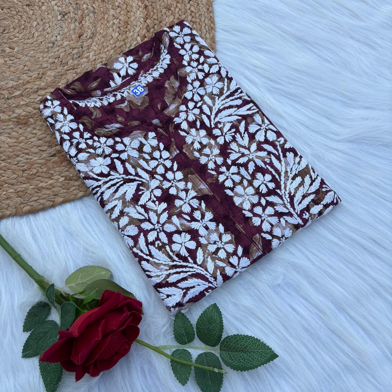 Sana Pure Mulmul Chikankari Handwork Kurti - Wine Colour