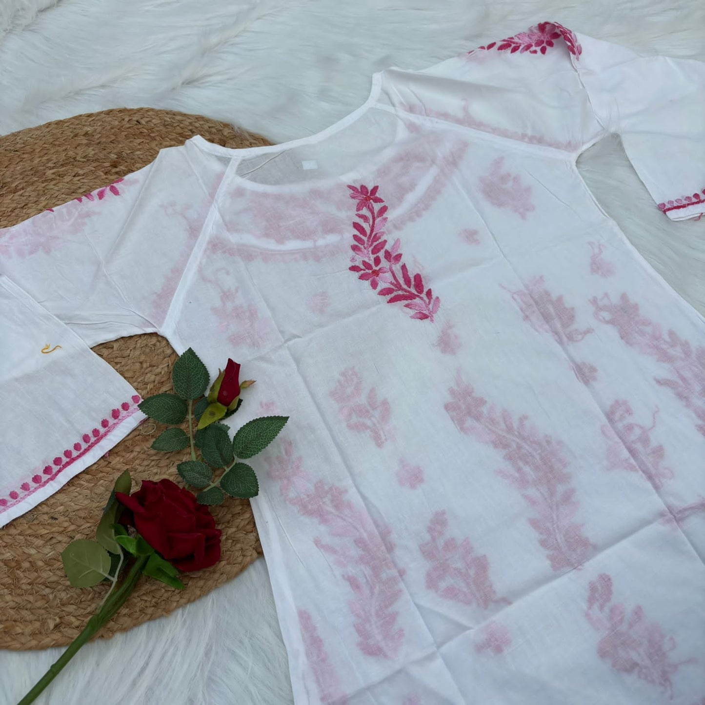 Alia Soft Rayon Chikankari Short Kurti - White Pink Color - Chikankaar