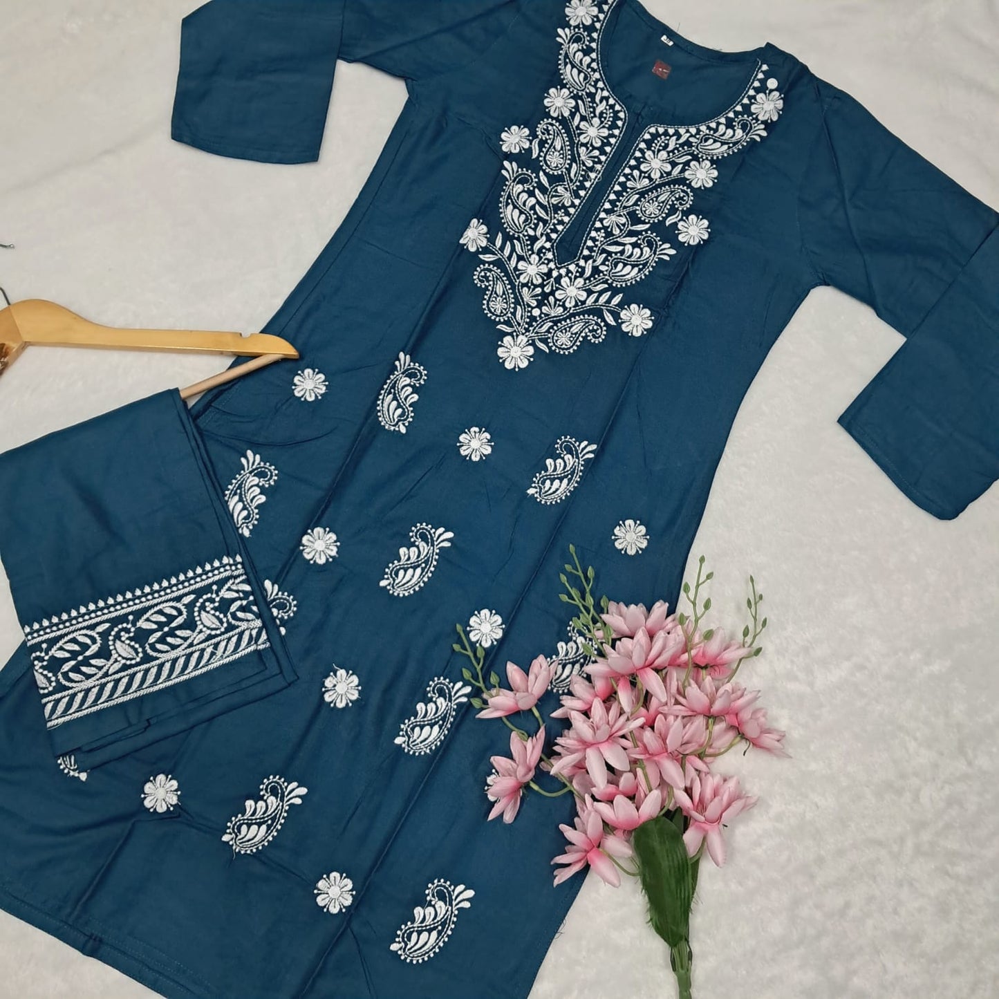 Rayon Chikankari Machine Work Kurti Plazo Set-t Blue Colour - Chikankaar