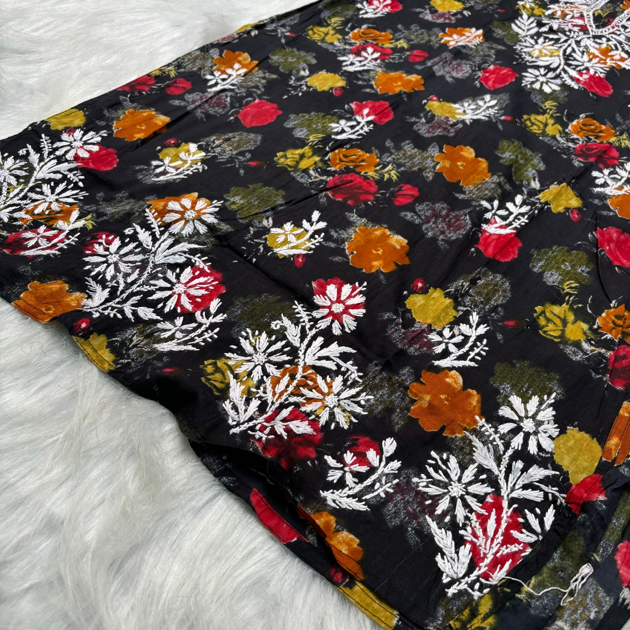 Plus size special-Dhanashree Inspired Mulmul Floral Printed Chikankari Handwork Kurti -Black Colour - Chikankaar