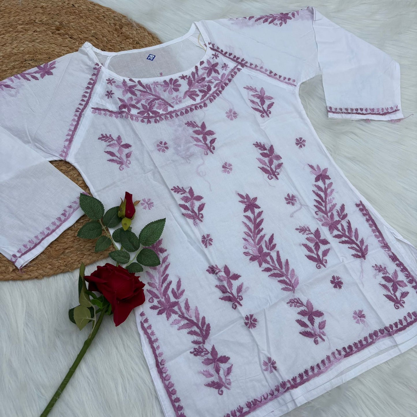 Alia Soft Rayon Chikankari Short Kurti - White Mauve Color - Chikankaar