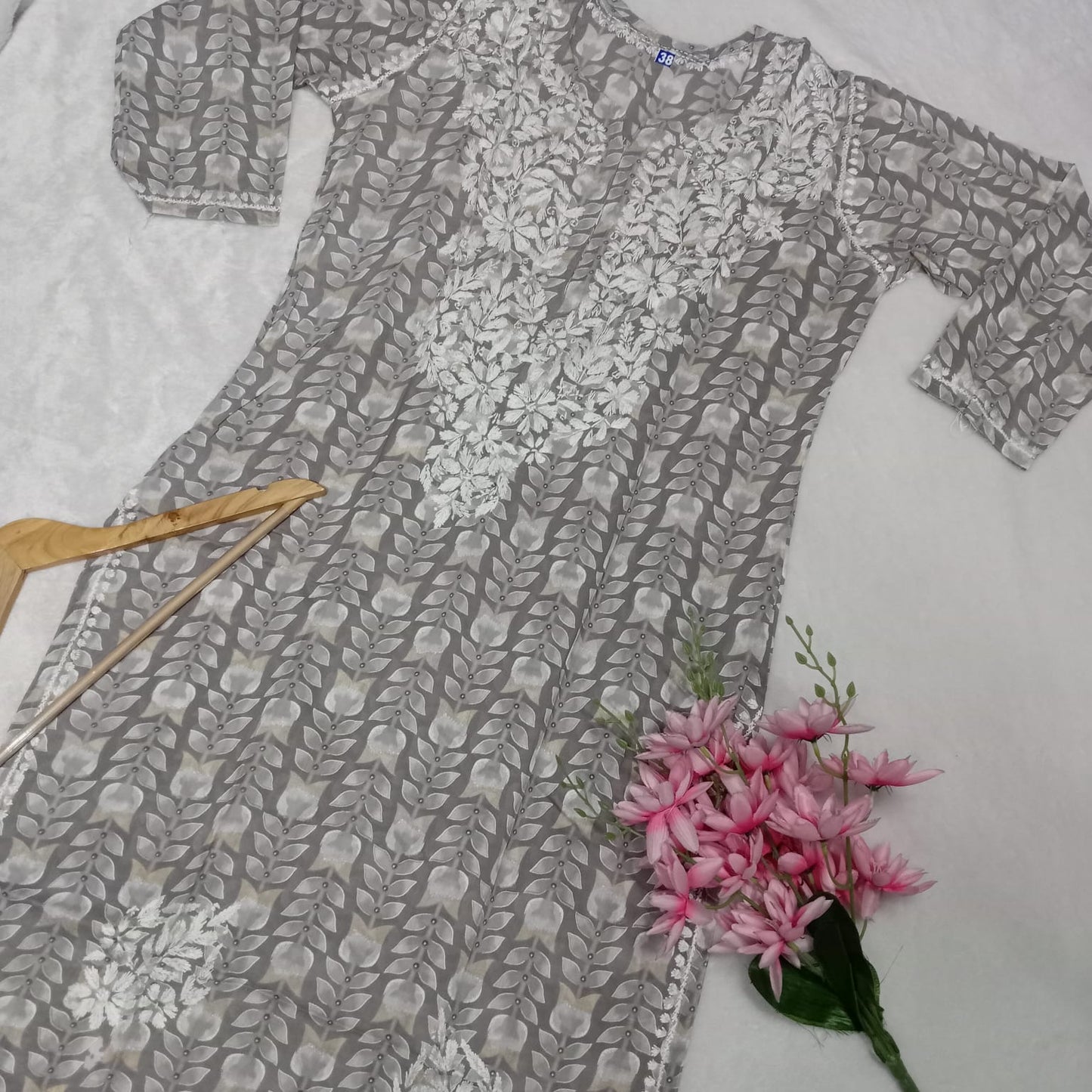 Pure Mulmul Chikankari Handwork Kurti - Grey Colour - Chikankaar