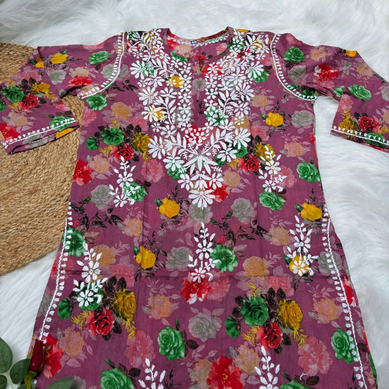 Dhanashree Inspired Mulmul Floral Printed Chikankari Handwork Kurti -Fuschia Colour - Chikankaar