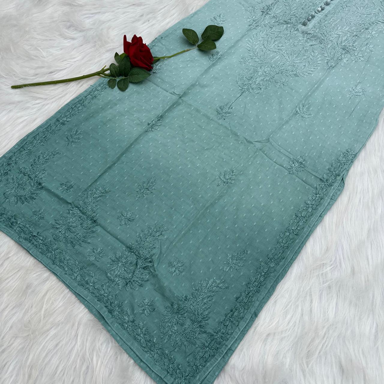 Farah Ombre Shaded Dobby Cotton Chikankari Kurti - Pista green colour