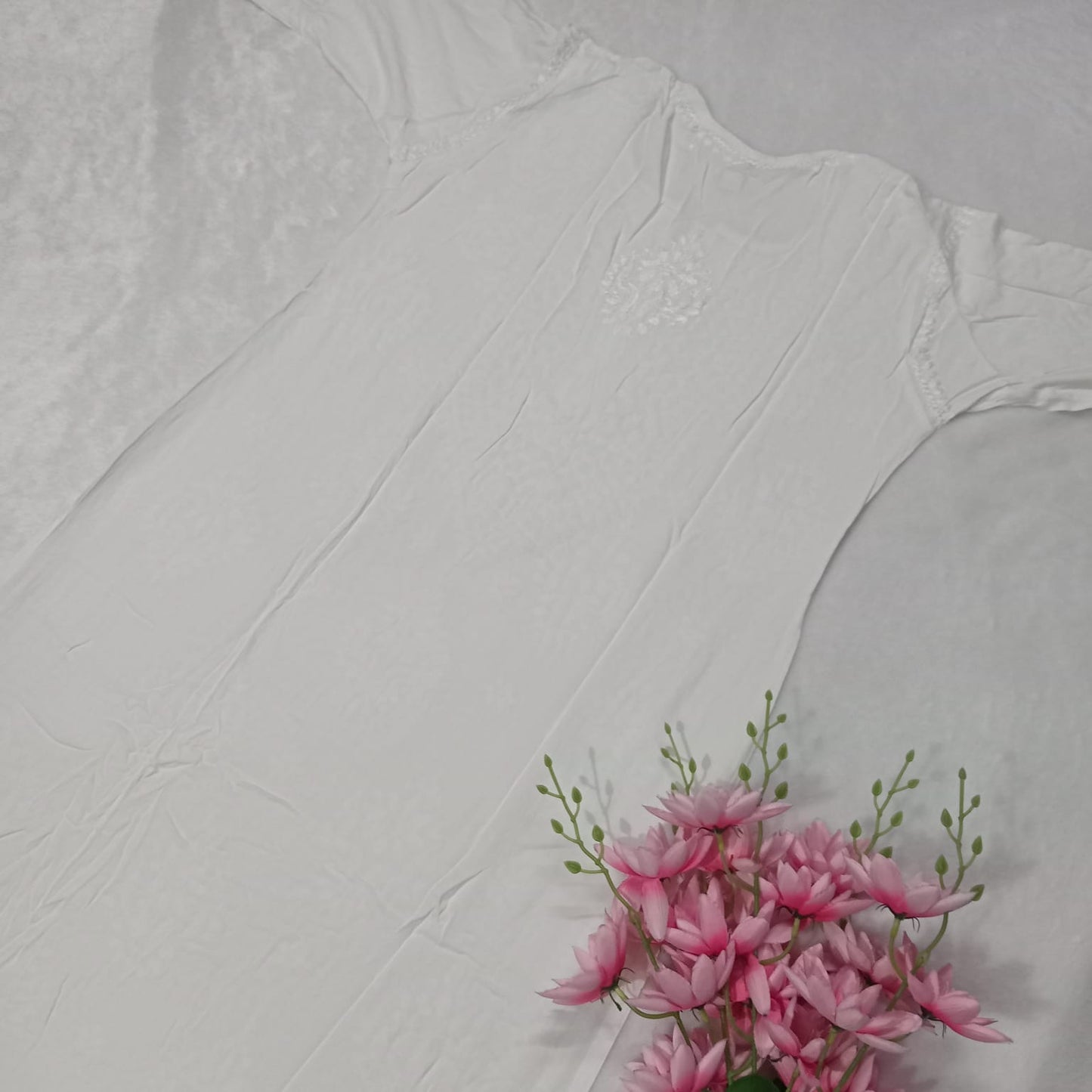 PURE RAYON CHIKANKARI KURTI - WHITE COLOR - Chikankaar