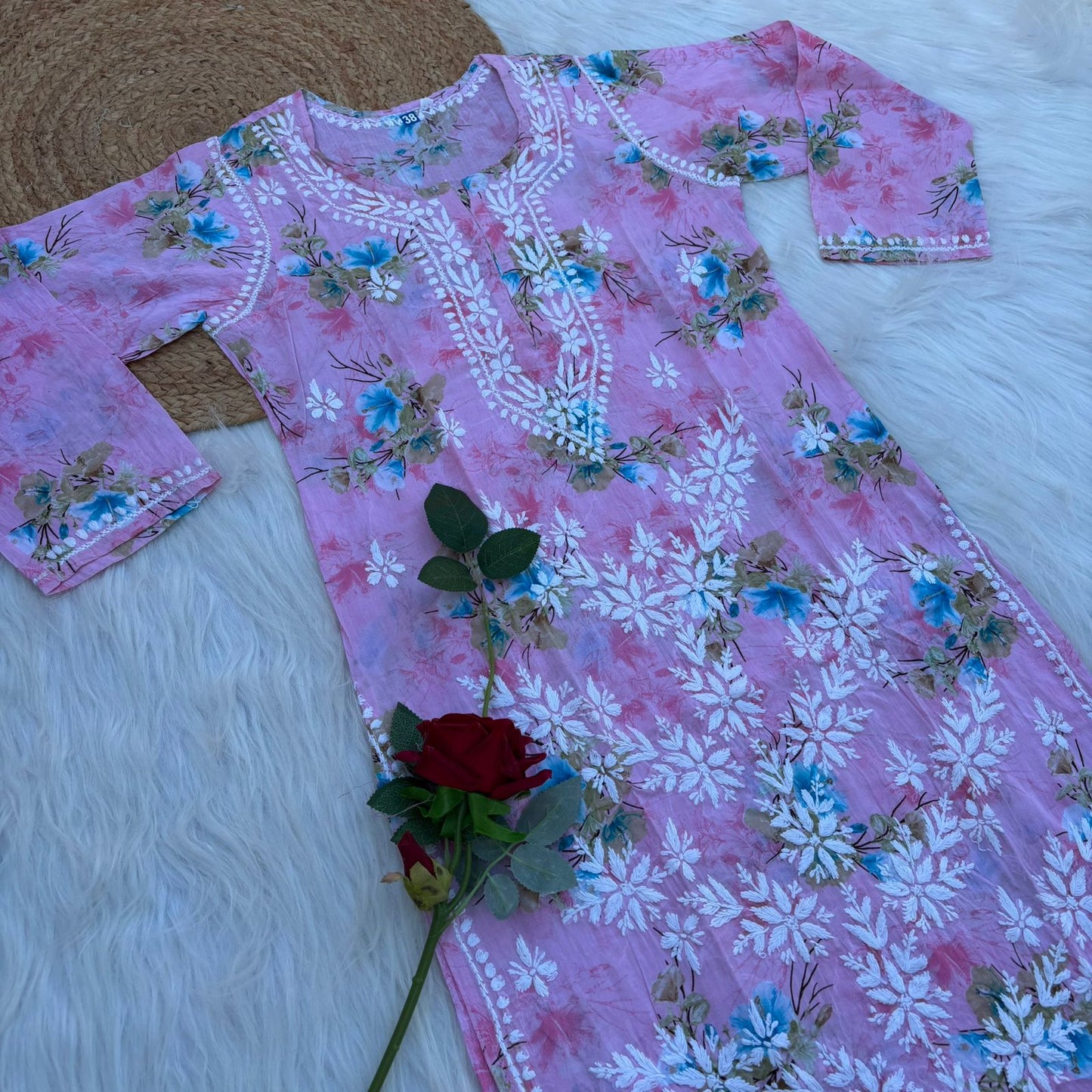 Rasha Pure Mulmul Chikankari Kurti - Pink Color