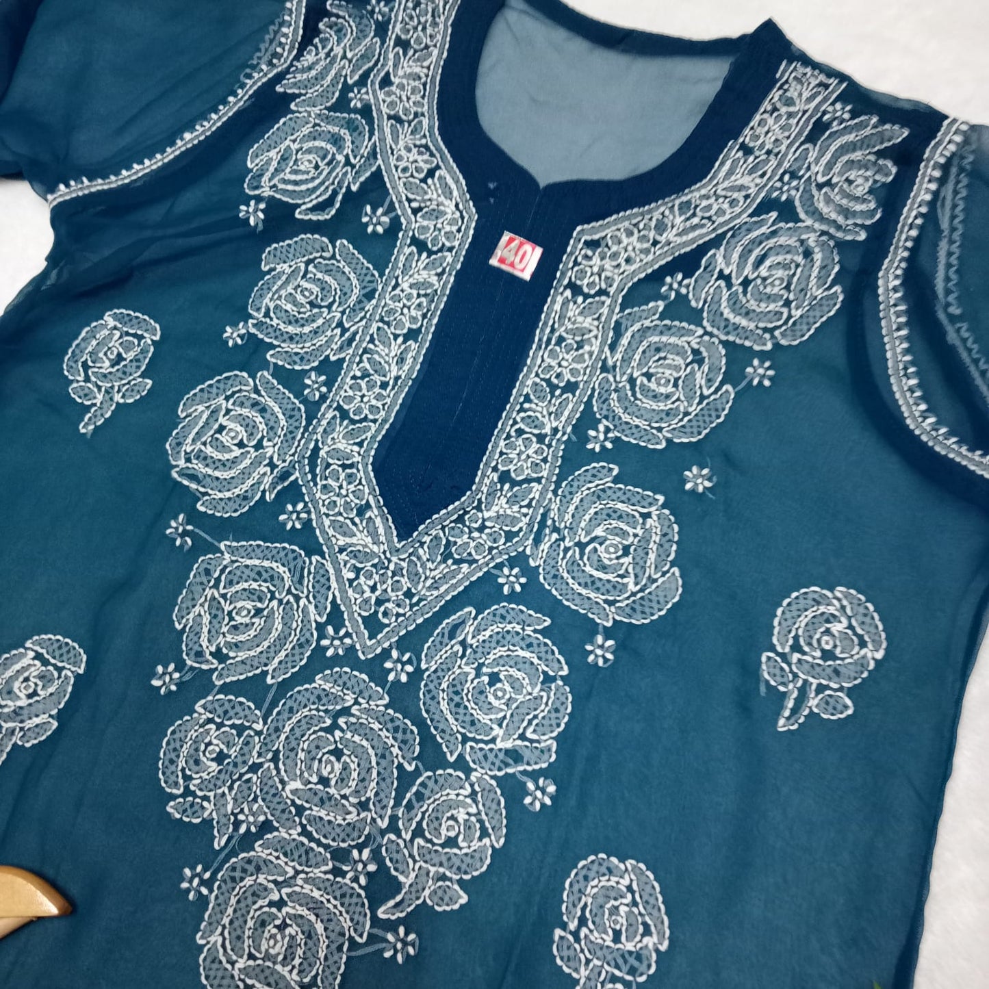 Georgette Chikankari Rose Work Kurti With Pure Cotton Inner -T Blue Colour - Chikankaar