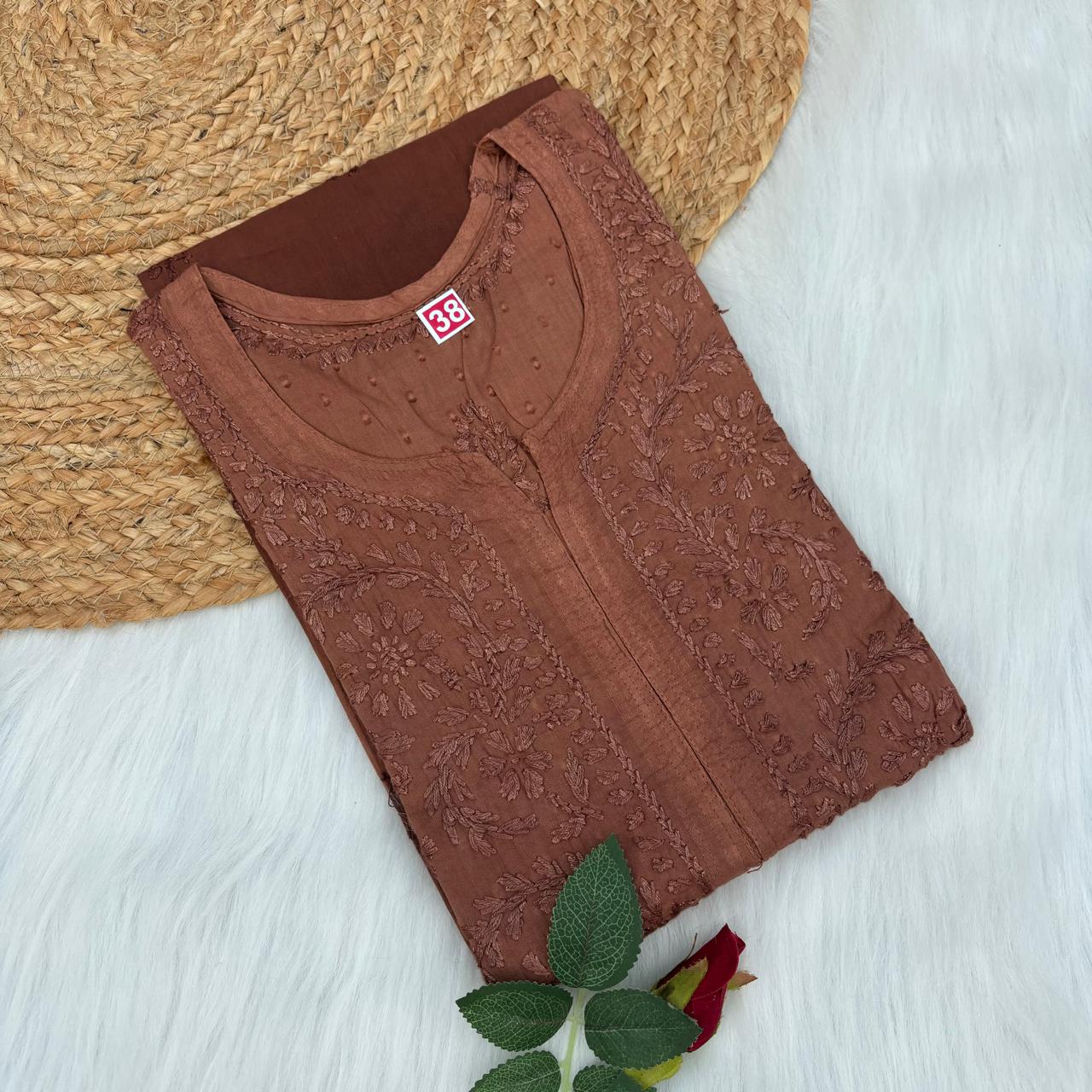 Tuba Ombre Shaded Dobby Cotton Chikankari Kurti - Brown Colour - Chikankaar