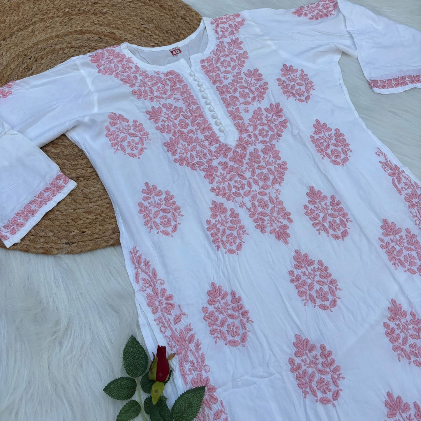 Amira Soft Rayon Chikankari Kurti - Pink on White Color - Chikankaar