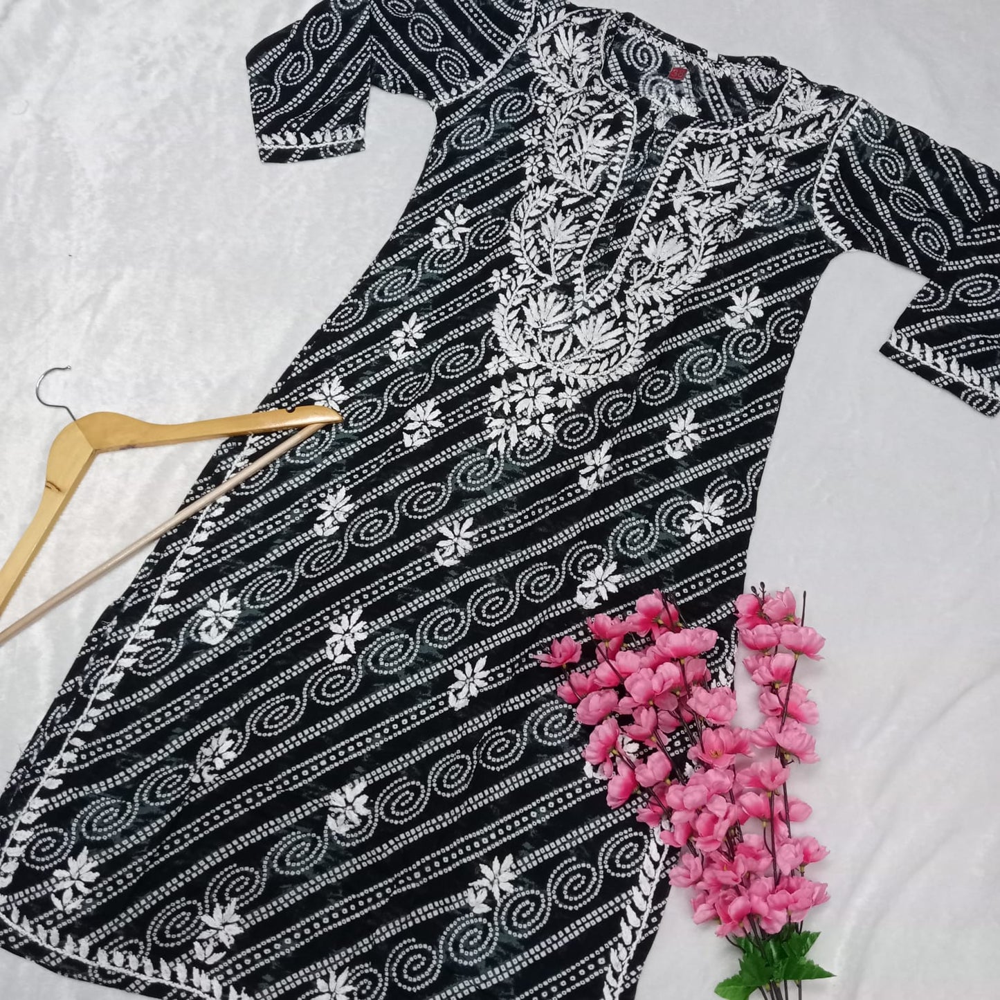 Falak Bandhani Print Rayon Chikankari Kurti Black Colour - Chikankaar
